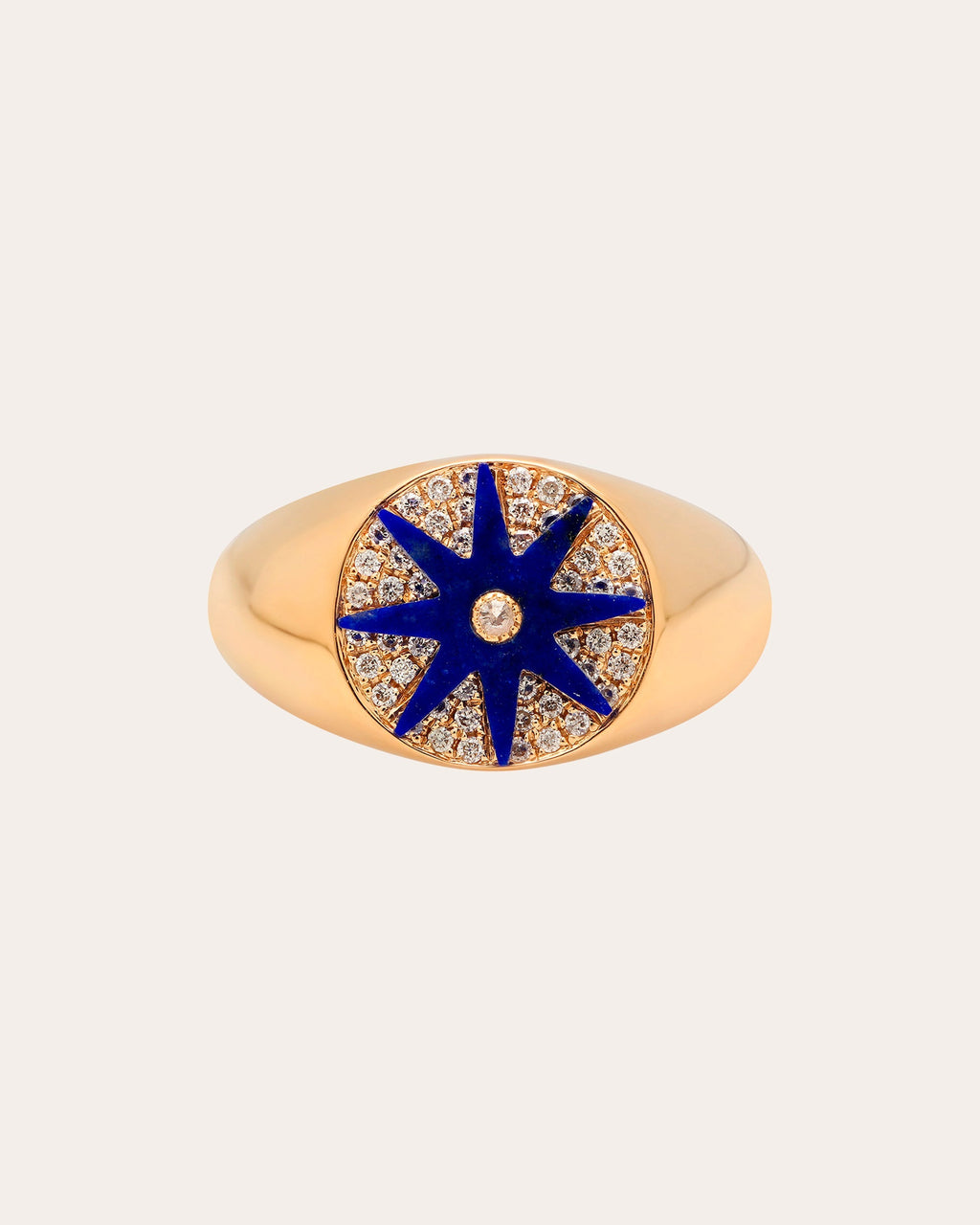 18K Gold Blue Enamel and Diamond Starburst Signet Ring
