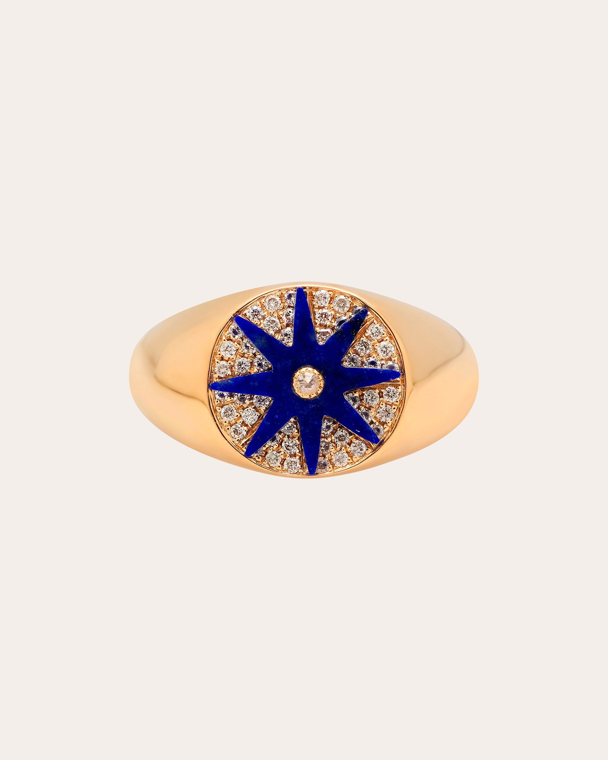 18K Gold Blue Enamel and Diamond Starburst Signet Ring