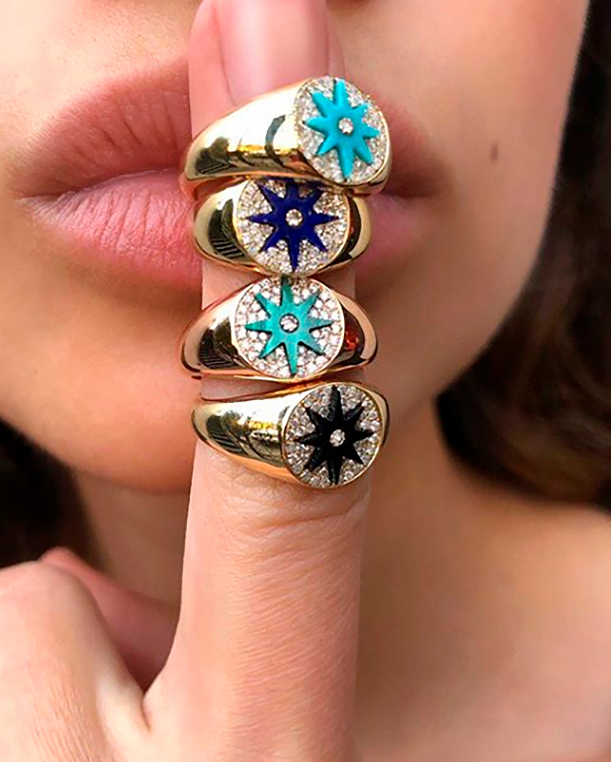 18K Gold Blue Enamel and Diamond Starburst Signet Ring