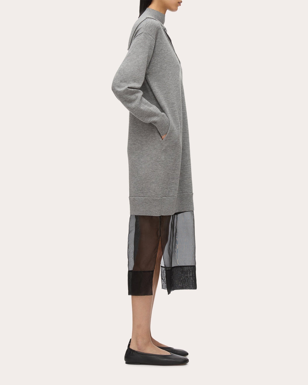 Layered Lace-Inset Chiffon-Trim Wool Midi Dress