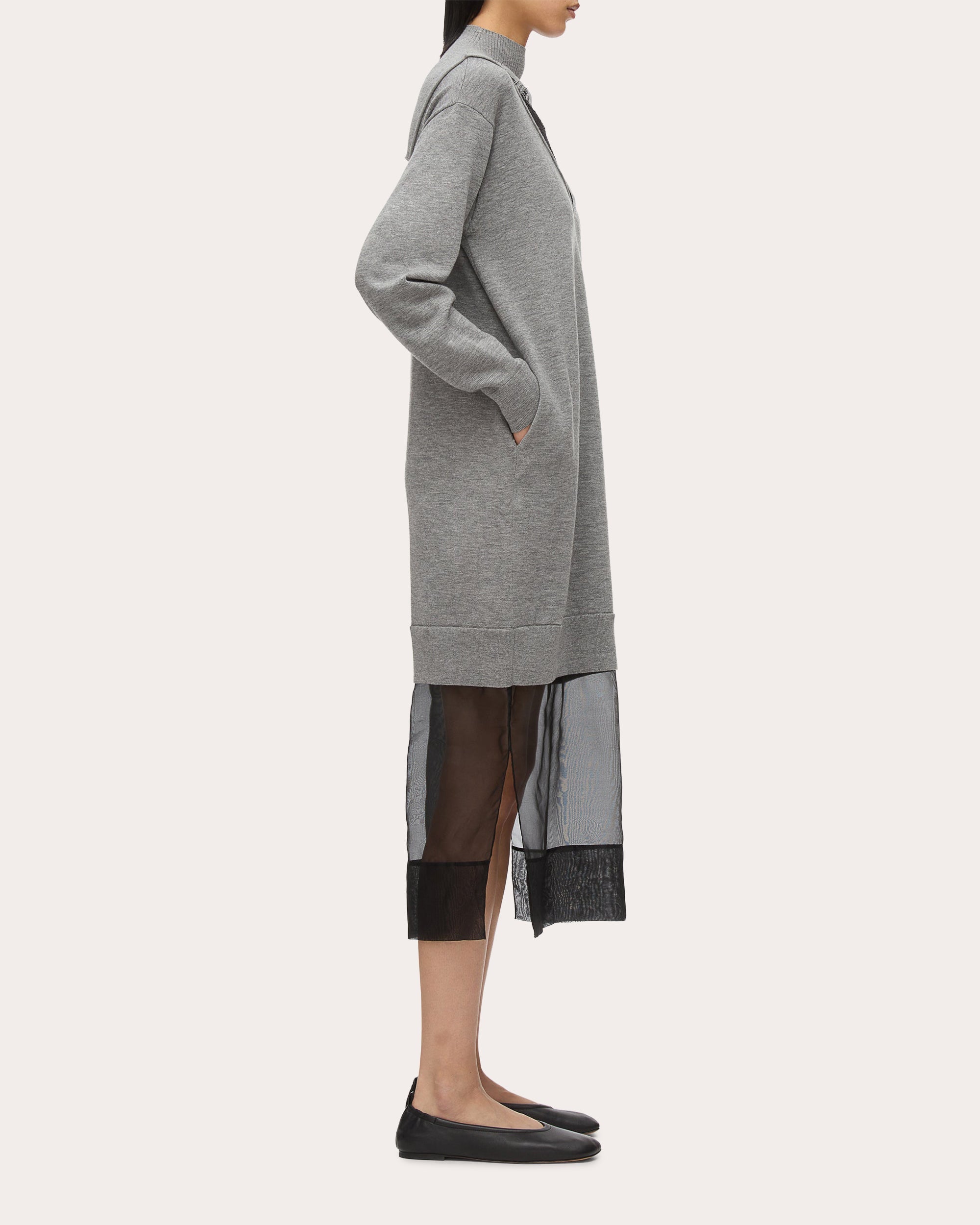 Layered Lace-Inset Chiffon-Trim Wool Midi Dress