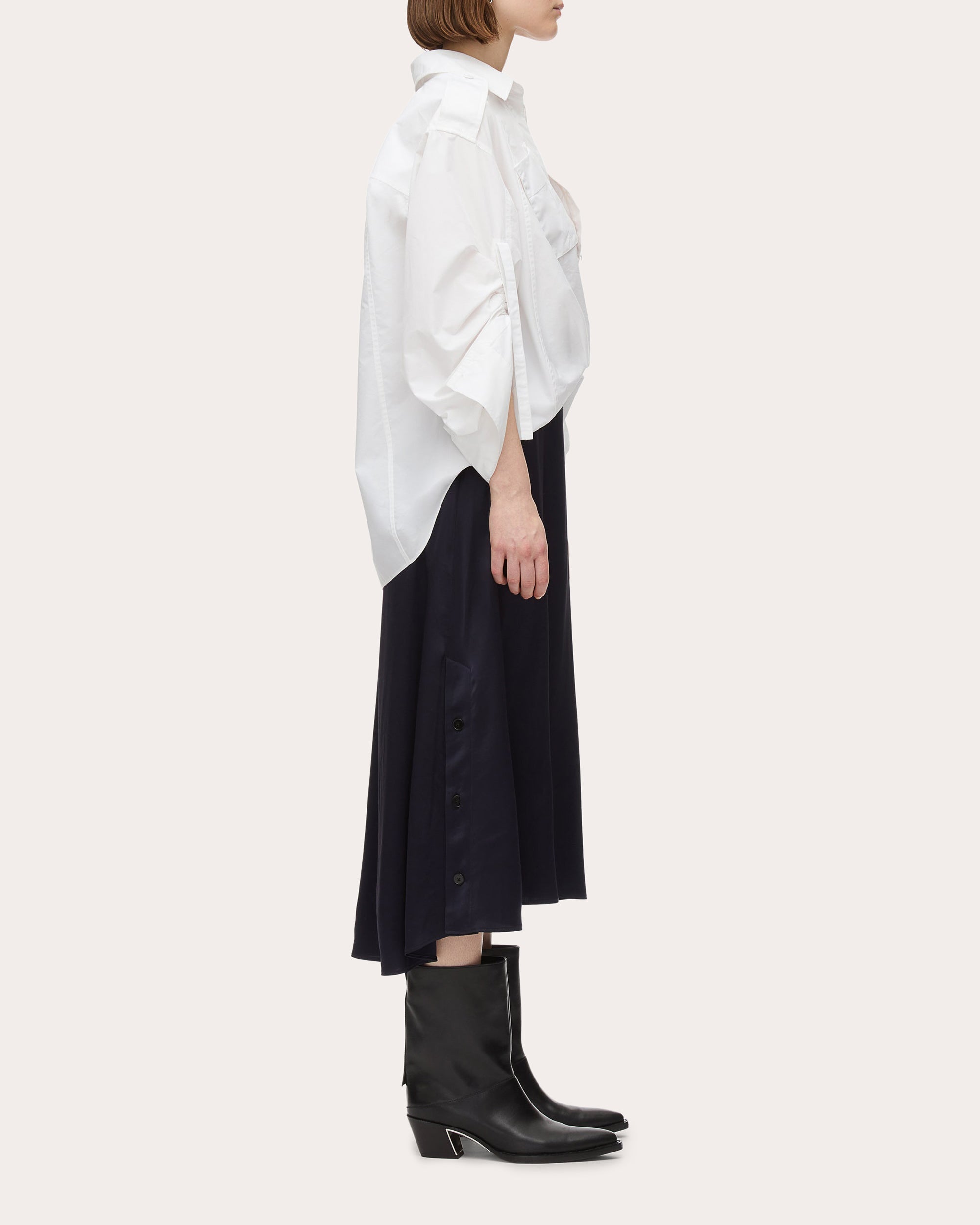 Draped Layered Poplin Satin Combo Midi Dress