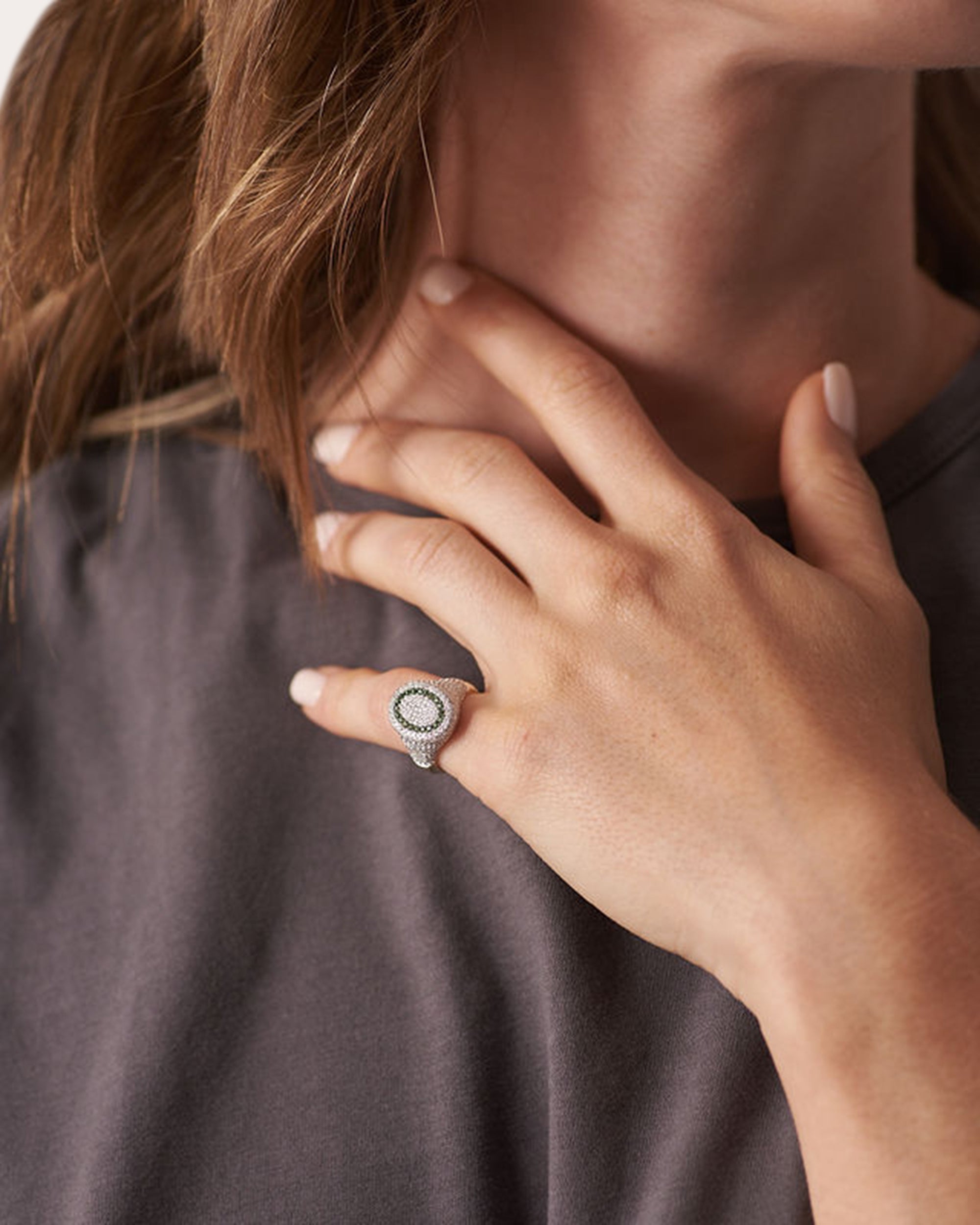 6th Orbit 14K Gold Tsavorite and Diamond Signet Ring