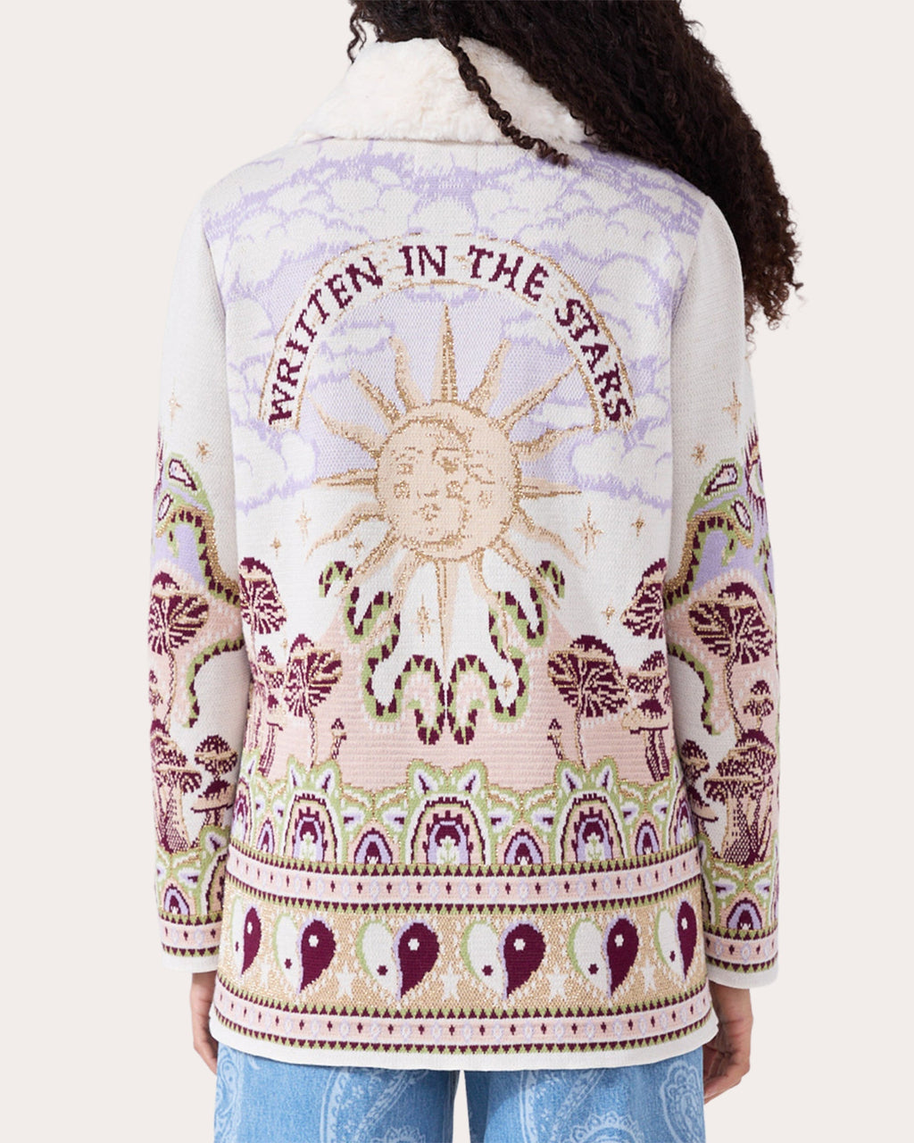 Written in the Stars Faux Fur Trimmed Jacquard Knit Jacket