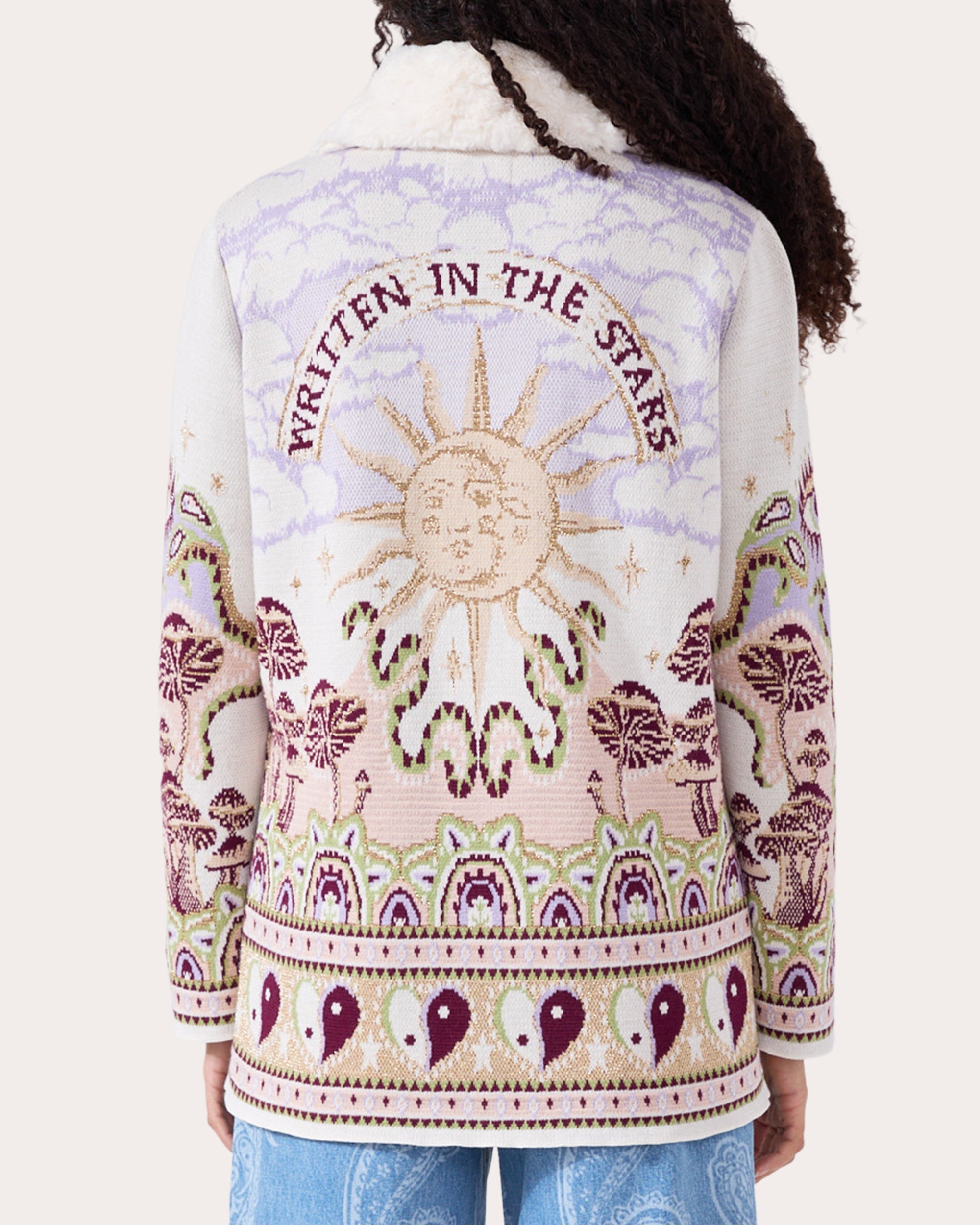 Written in the Stars Faux Fur Trimmed Jacquard Knit Jacket