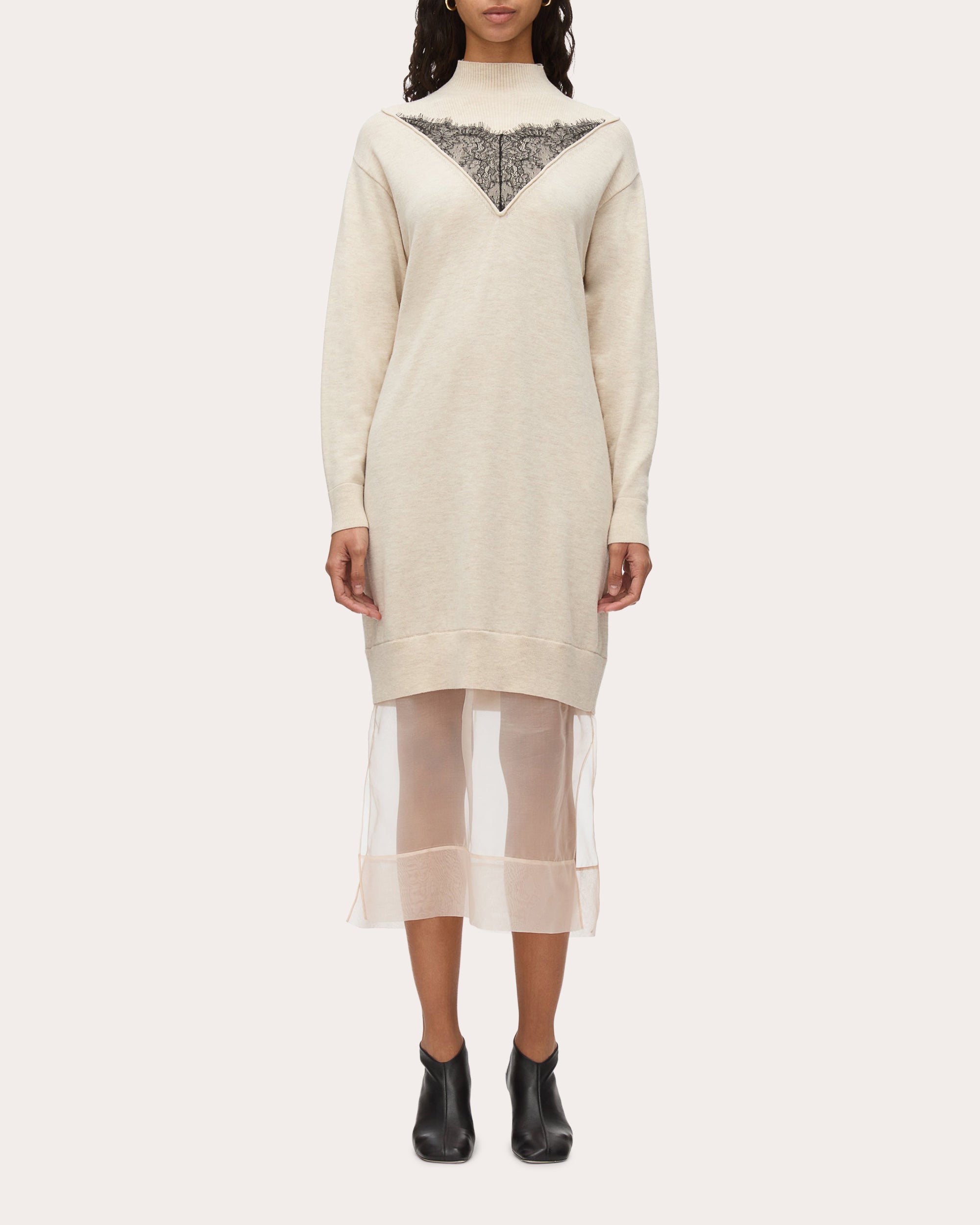 Layered Lace-Inset Chiffon-Trim Wool Midi Dress