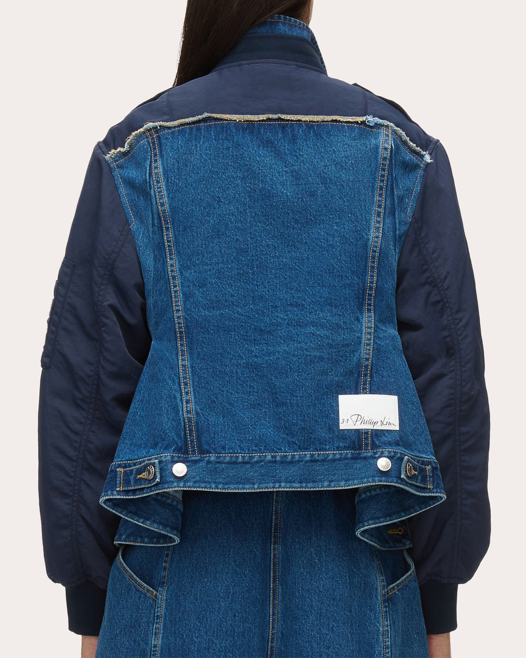 Ruffle-Hem Paneled Denim Flight Jacket