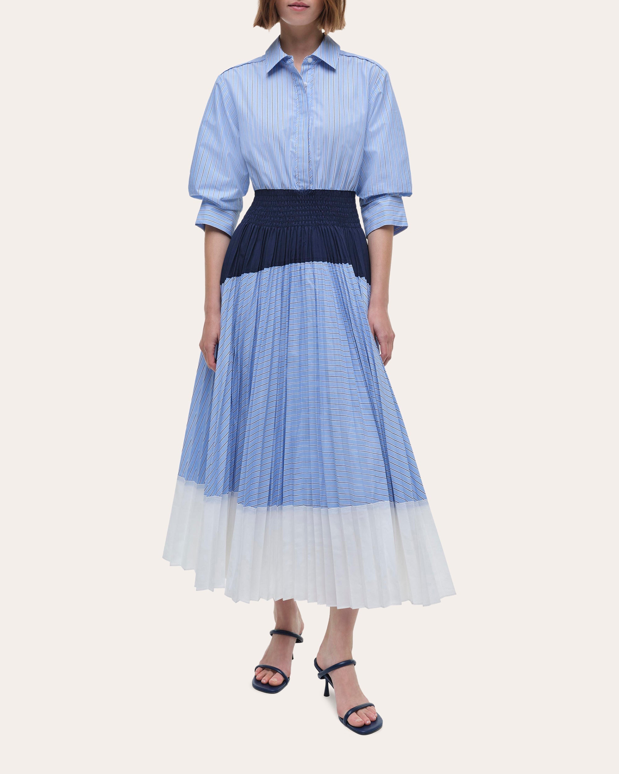 Jenella Stripe Pleated Cotton Poplin Midi Shirt Dress