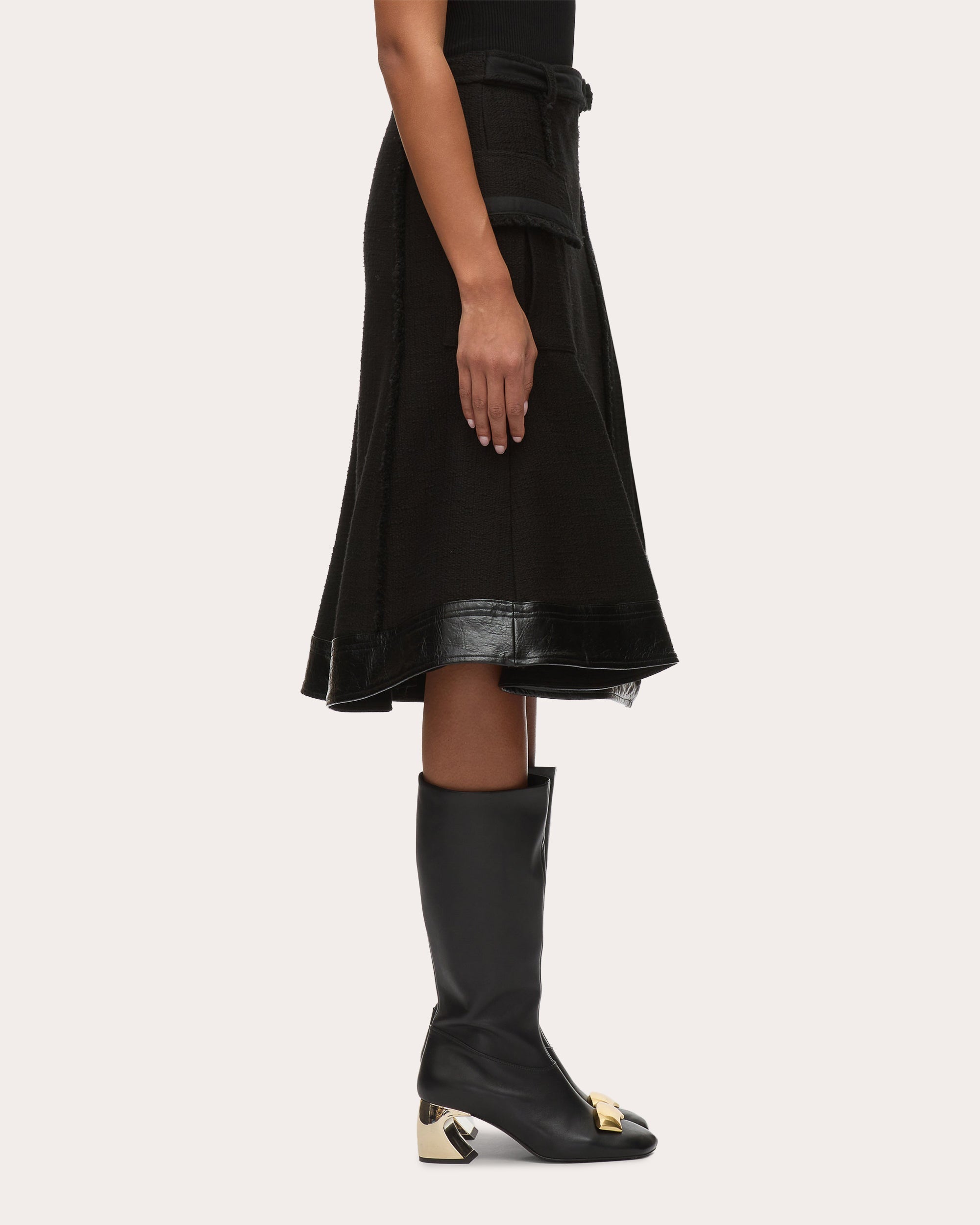 Belted Faux Leather-Trim Tweed Skirt