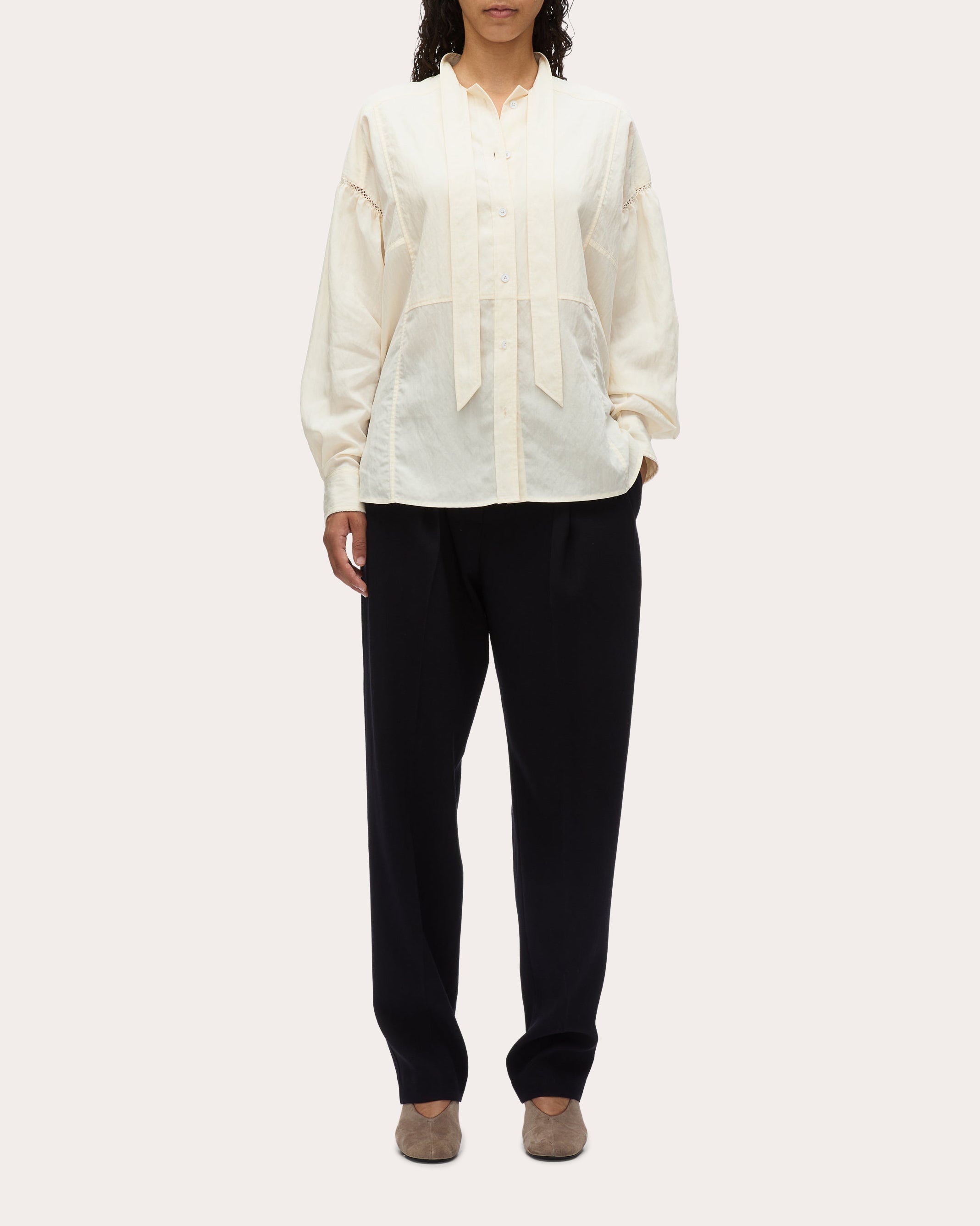 Tie-Neck Techno Poplin Tuxedo Blouse