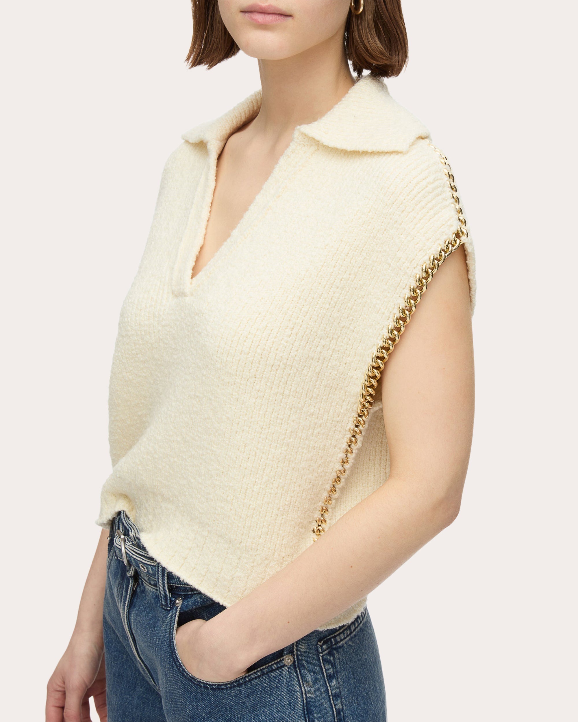 Cropped Chain-Embellished Wool Bouclé Knit Sweater