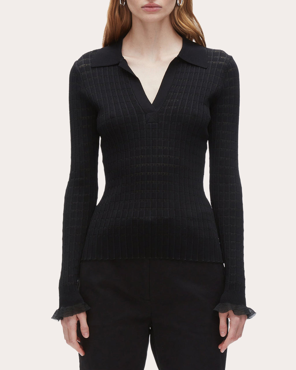 Ribbed Pointelle Knit Polo Top
