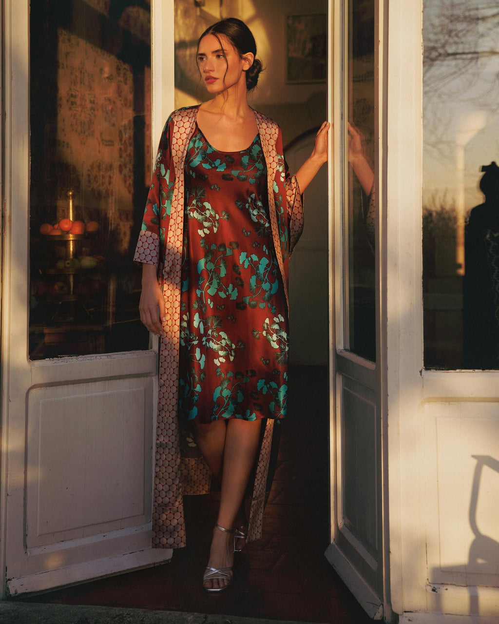 Edo Kazari Printed Silk Satin Slip Dress