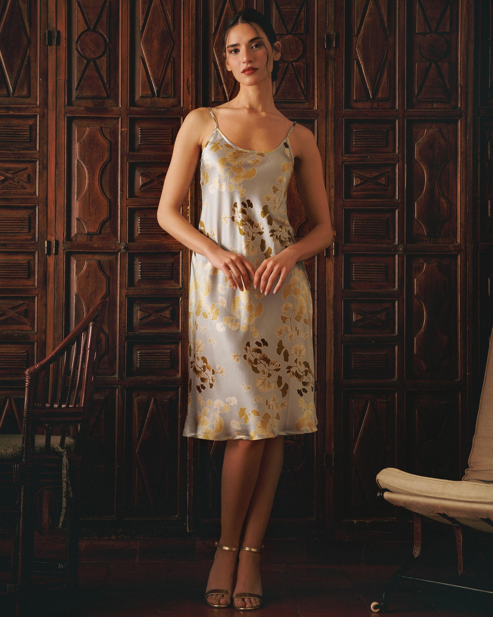 Edo Kazari Printed Silk Satin Slip Dress