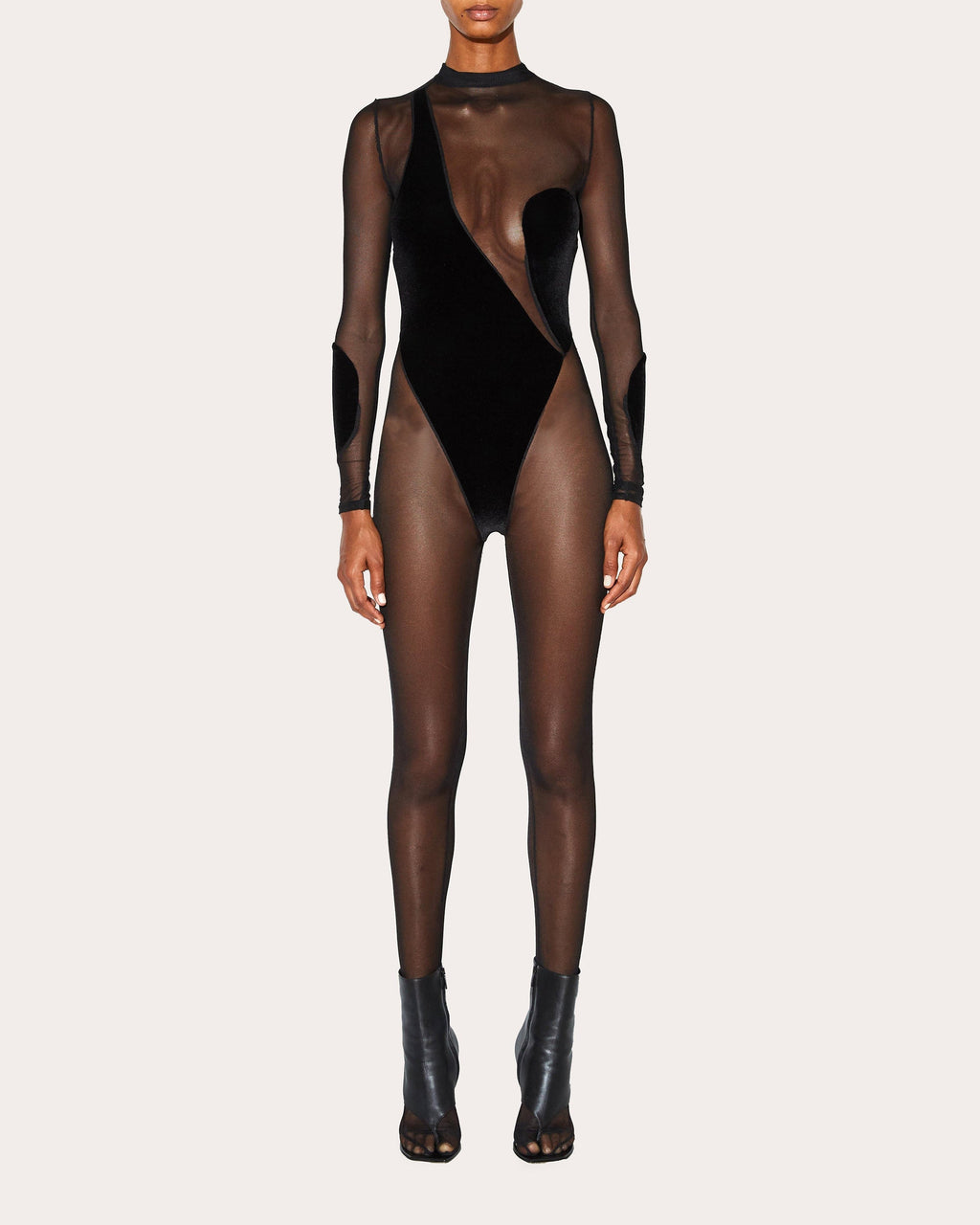 Velvet-Panel Mesh Cutout Catsuit