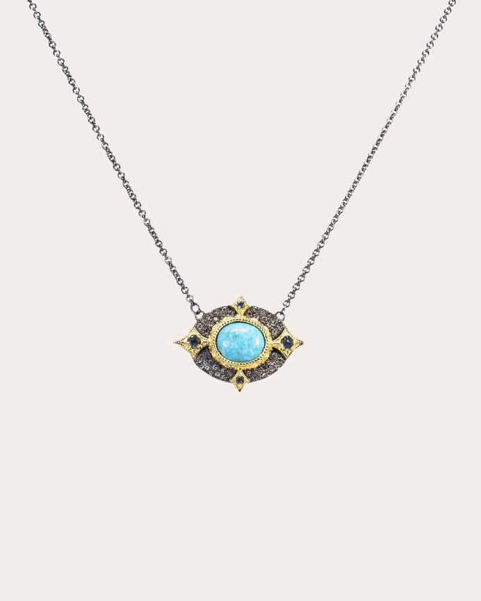 18K Gold Blackened Sterling Silver Turquoise Topaz and Diamond Pendant Necklace