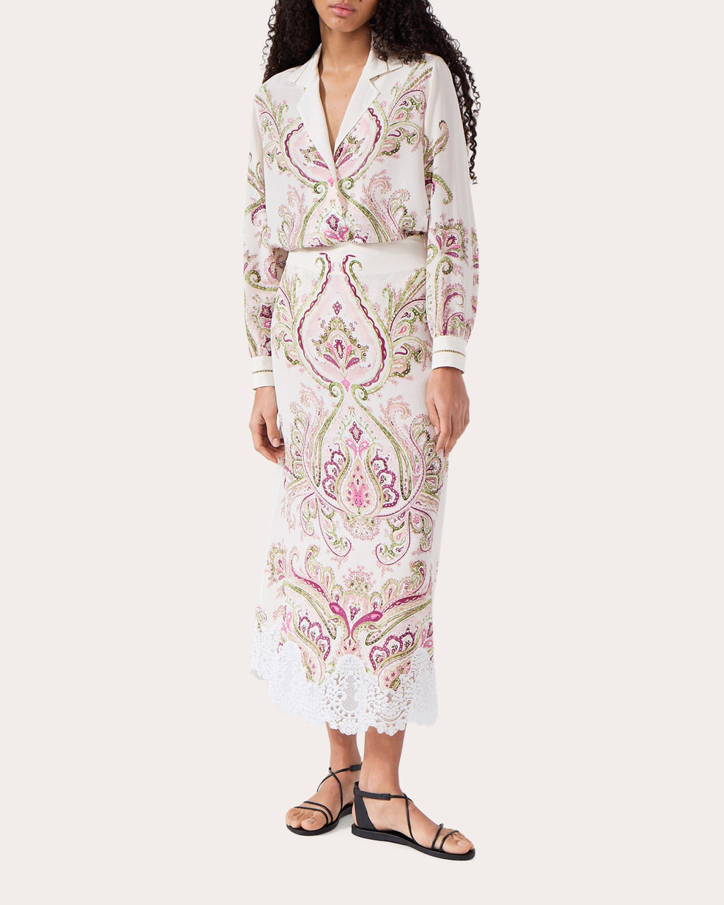 Jimi Lace-Trimmed Printed Silk Midi Skirt