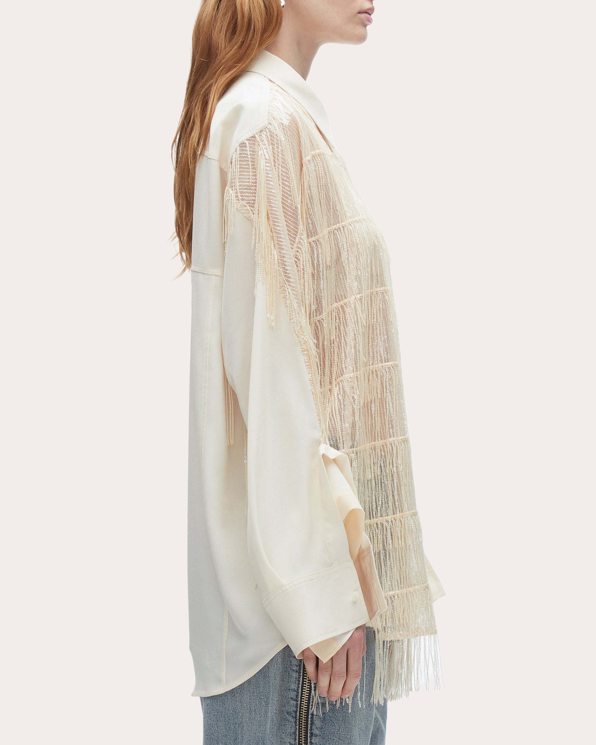Fringed Sequin-Embellished Crepe Blouse
