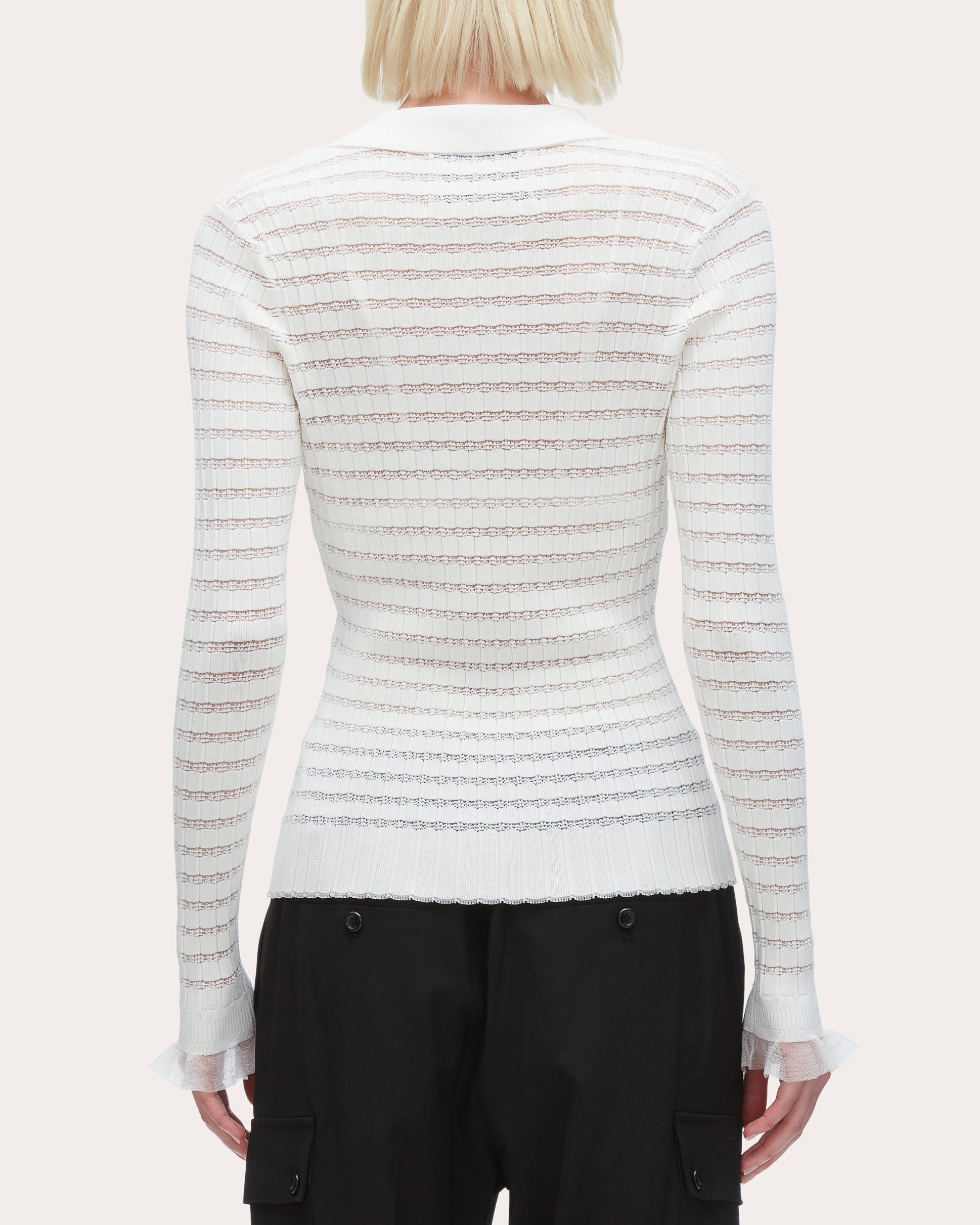 Ribbed Pointelle Knit Polo Top