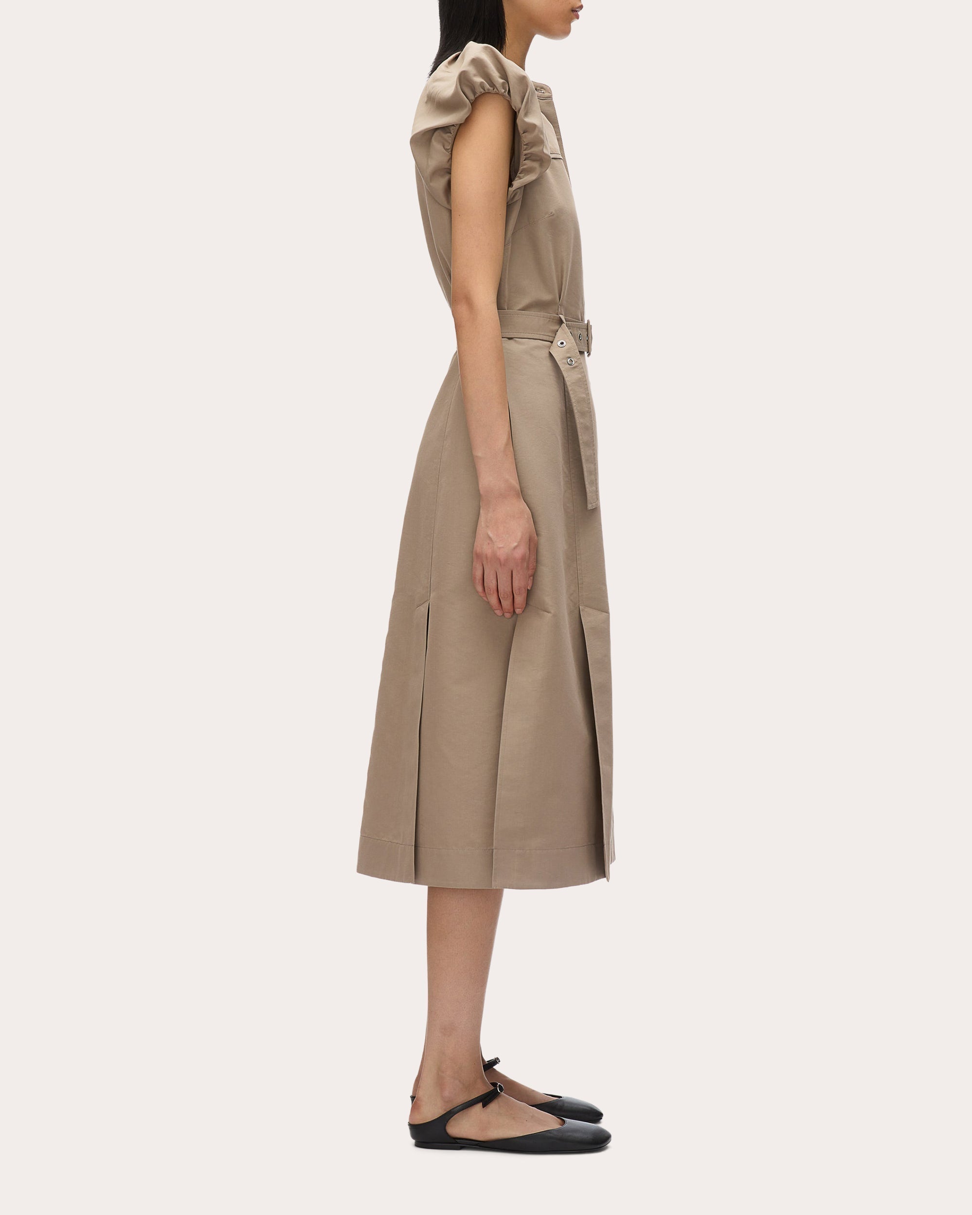 Belted Gathered Poplin Midi Shirt Dress