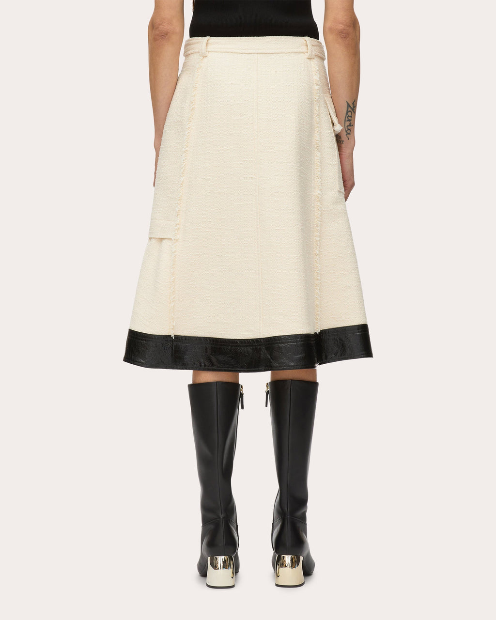 Belted Faux Leather-Trim Tweed Skirt