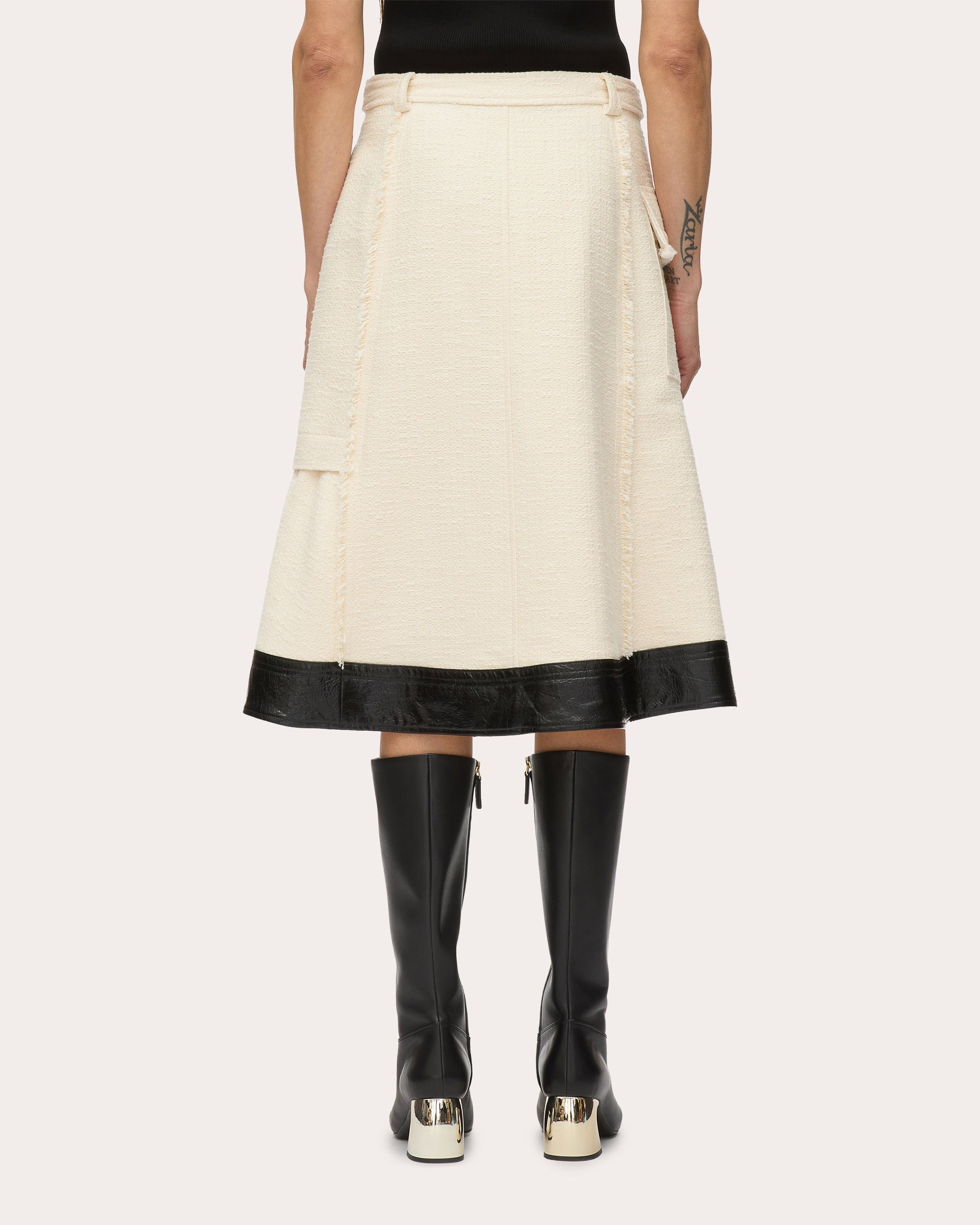 Belted Faux Leather-Trim Tweed Skirt