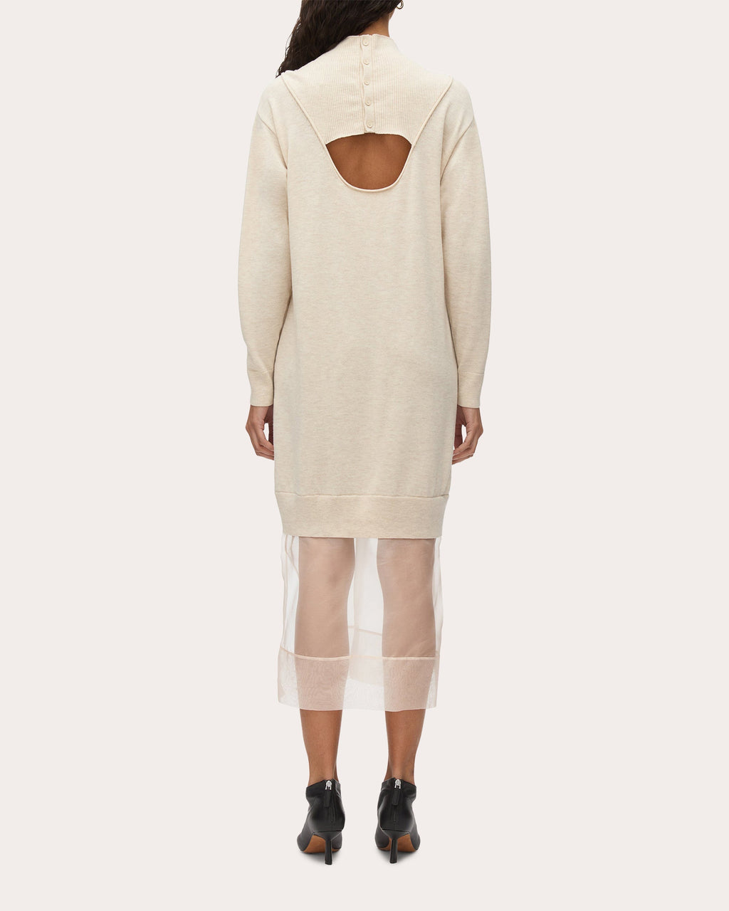 Layered Lace-Inset Chiffon-Trim Wool Midi Dress