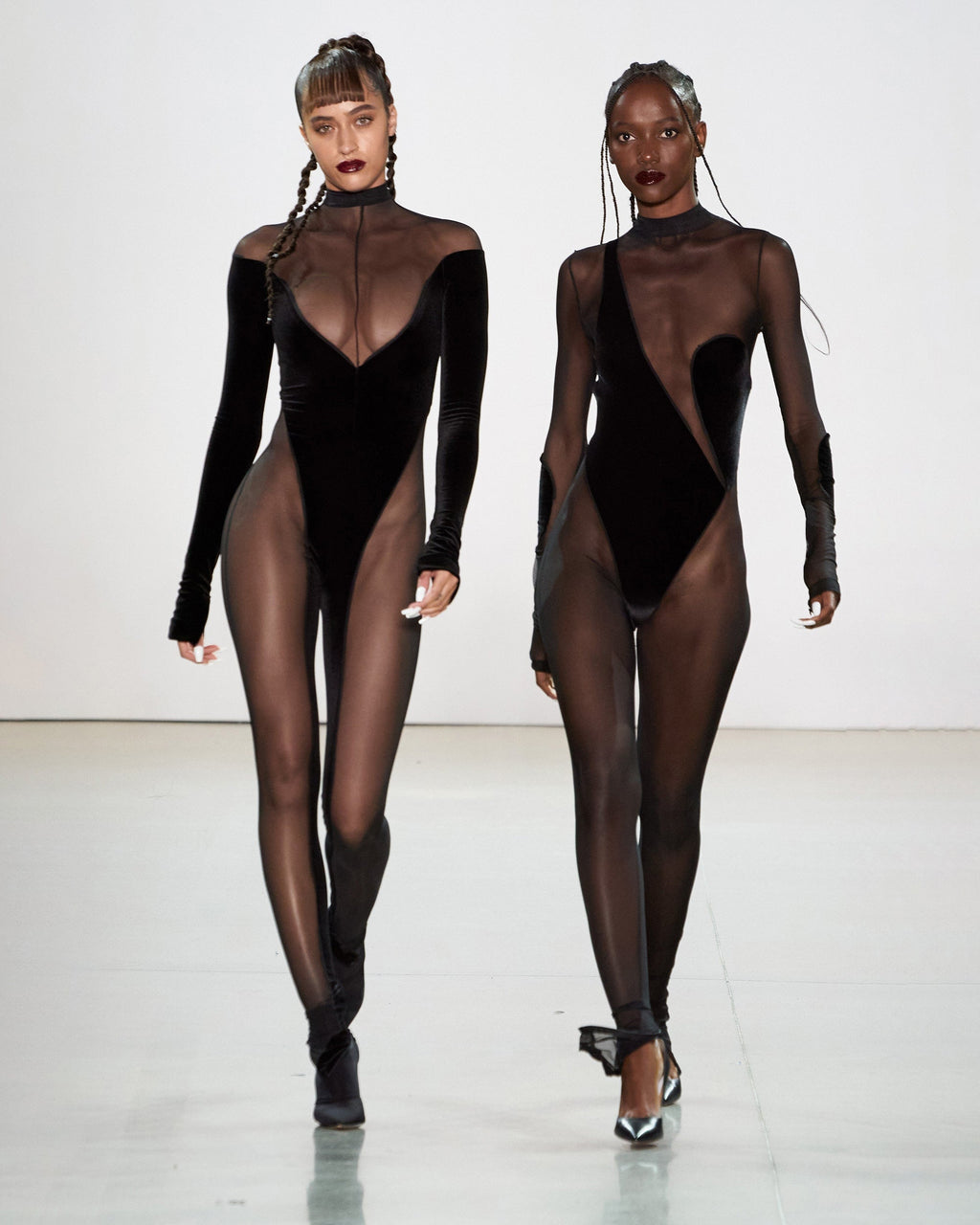 Velvet-Panel Mesh Cutout Catsuit