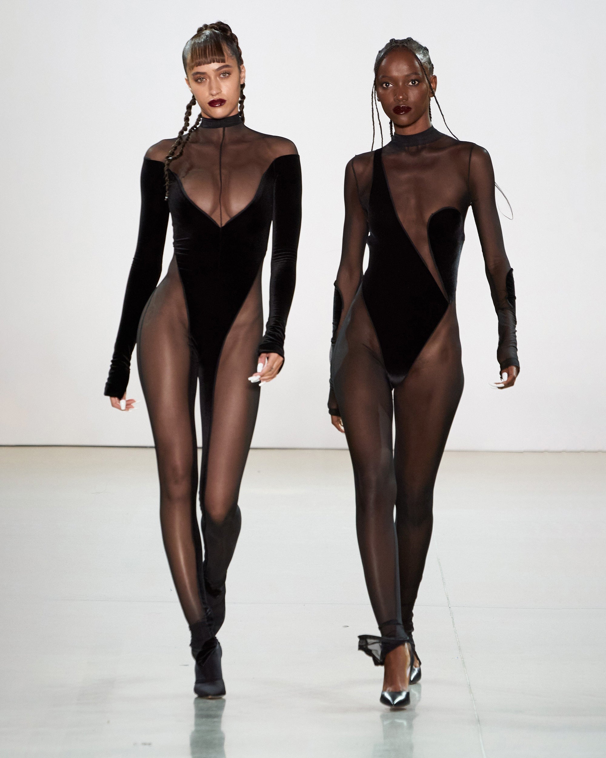 Velvet-Panel Mesh Cutout Catsuit
