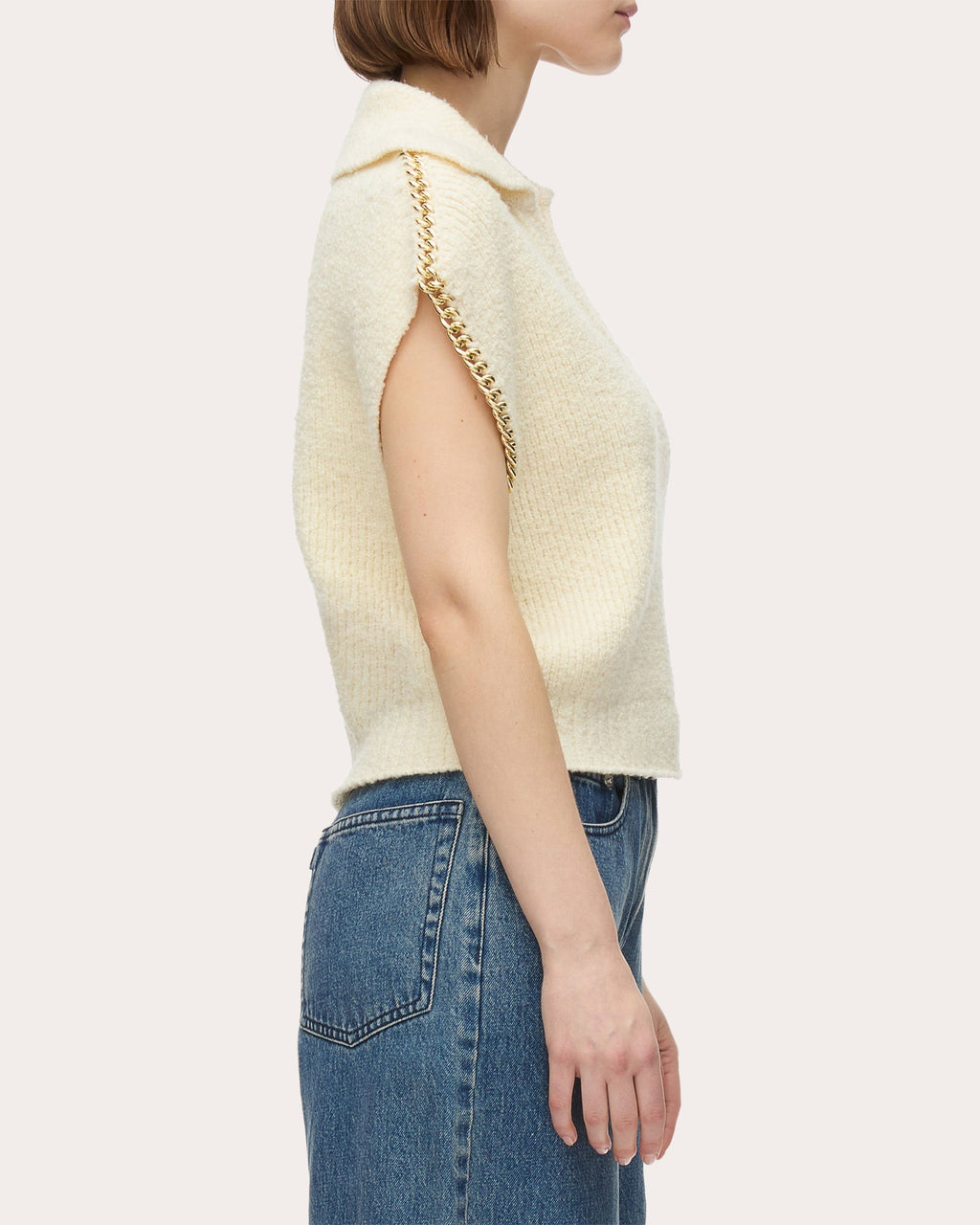 Cropped Chain-Embellished Wool Bouclé Knit Sweater