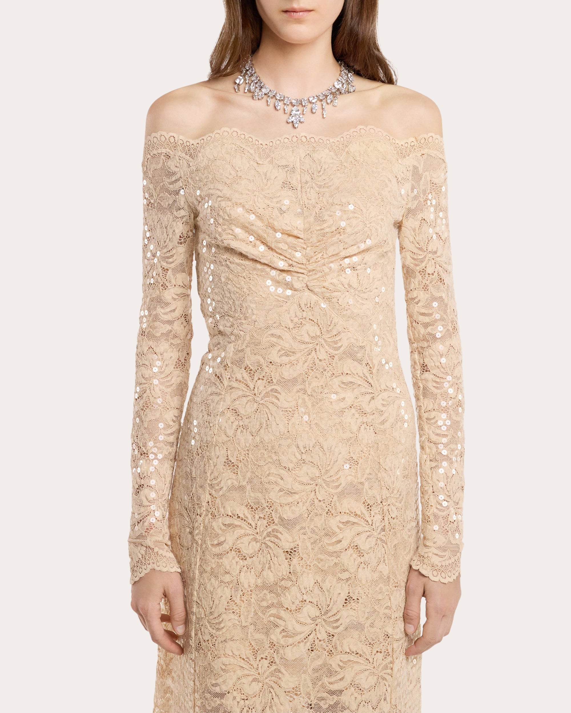 Sequin-Embellished Ruched Lace Maxi Dress