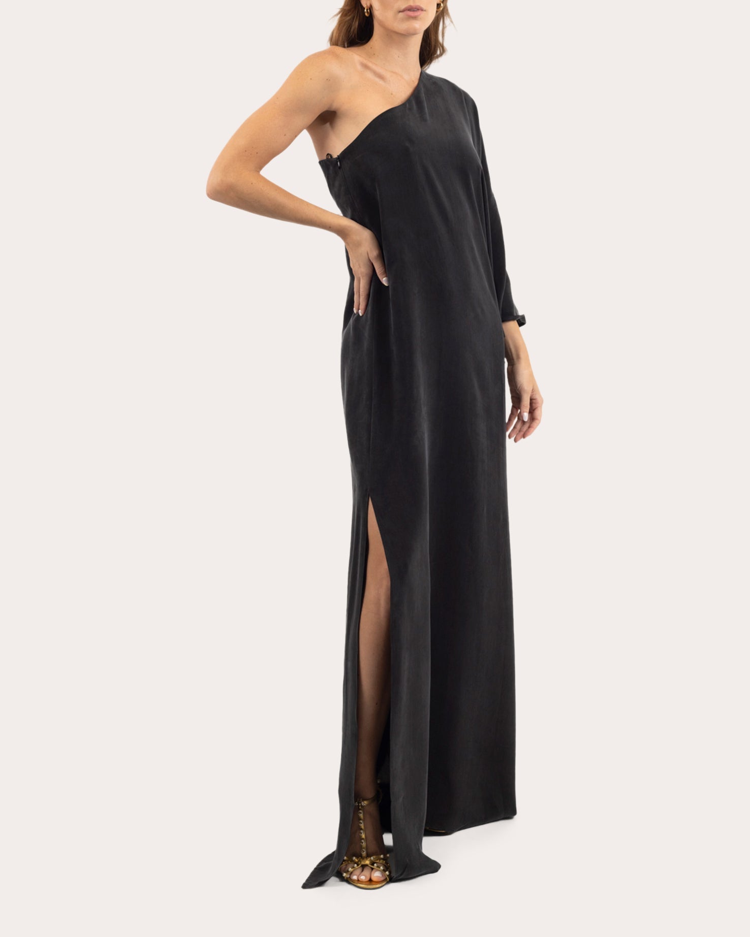Hera Asymmetric Washed Satin Maxi Dress