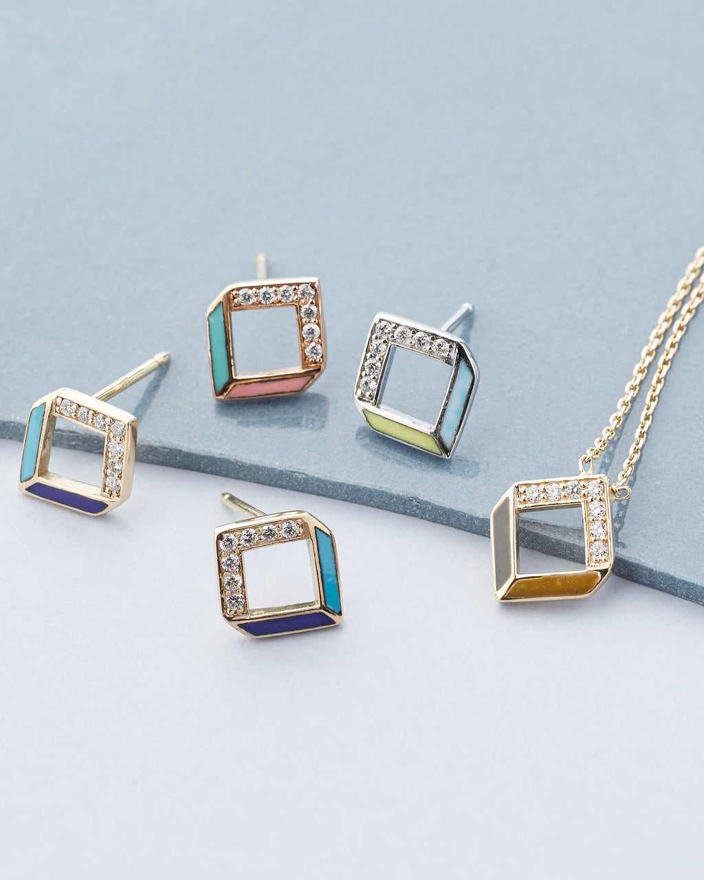 Chevron 14K Gold Enamel and Diamond Earrings