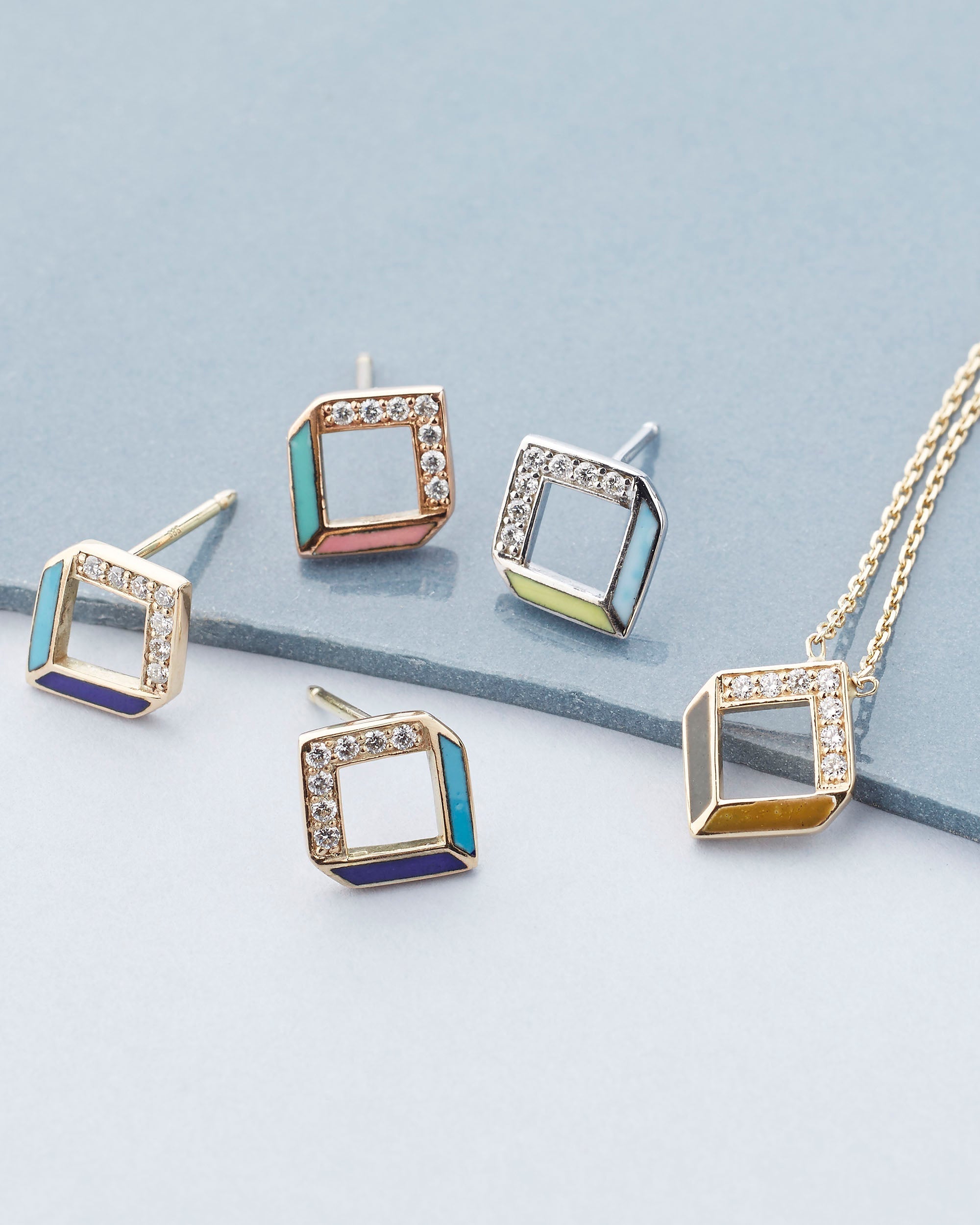 Chevron 14K Gold Enamel and Diamond Earrings