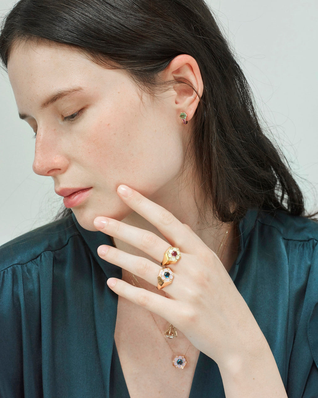 Pod 14K Gold Enamel Topaz and Diamond Signet Ring