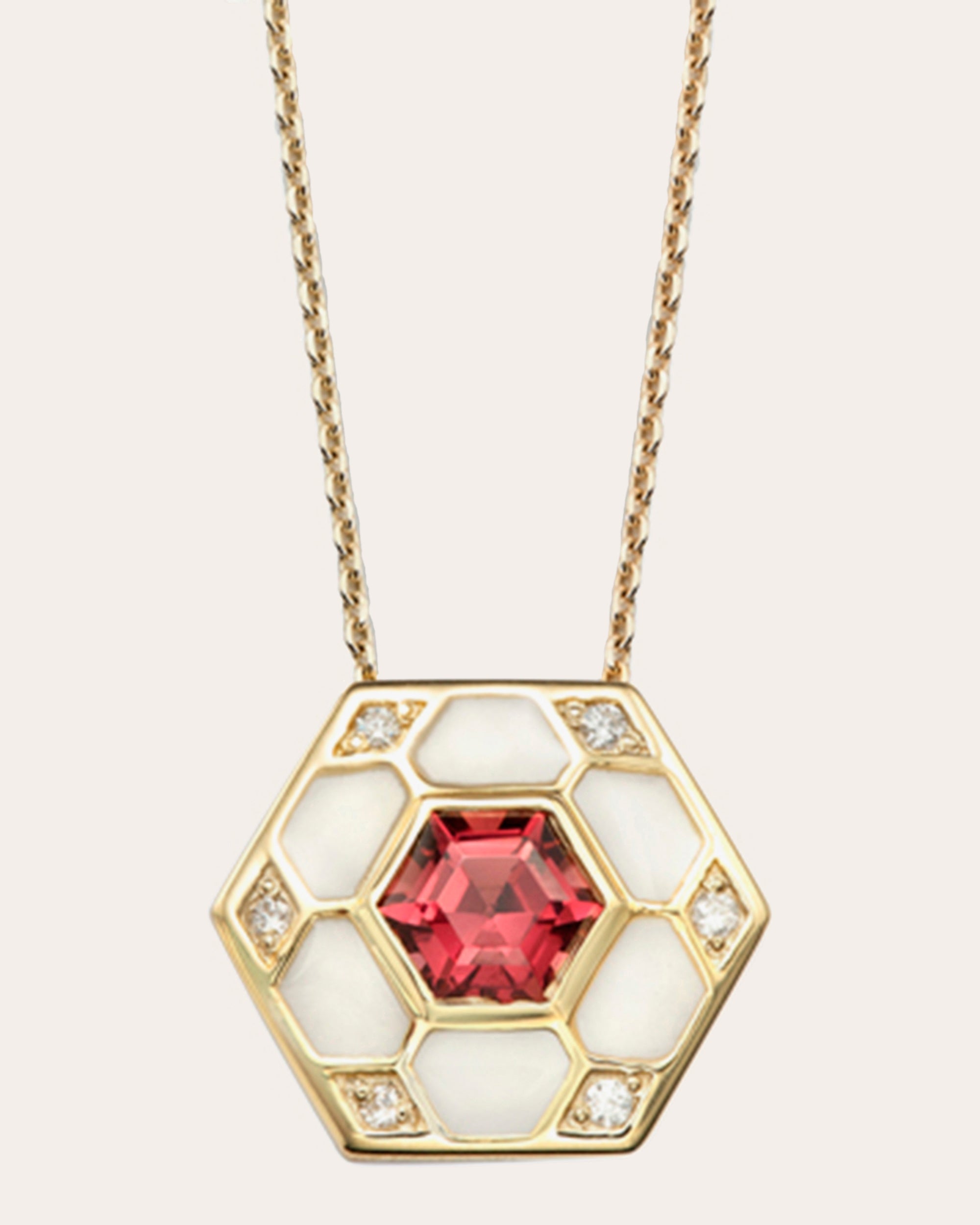 Pod 14K Gold Enamel Garnet and Diamond Pendant Necklace