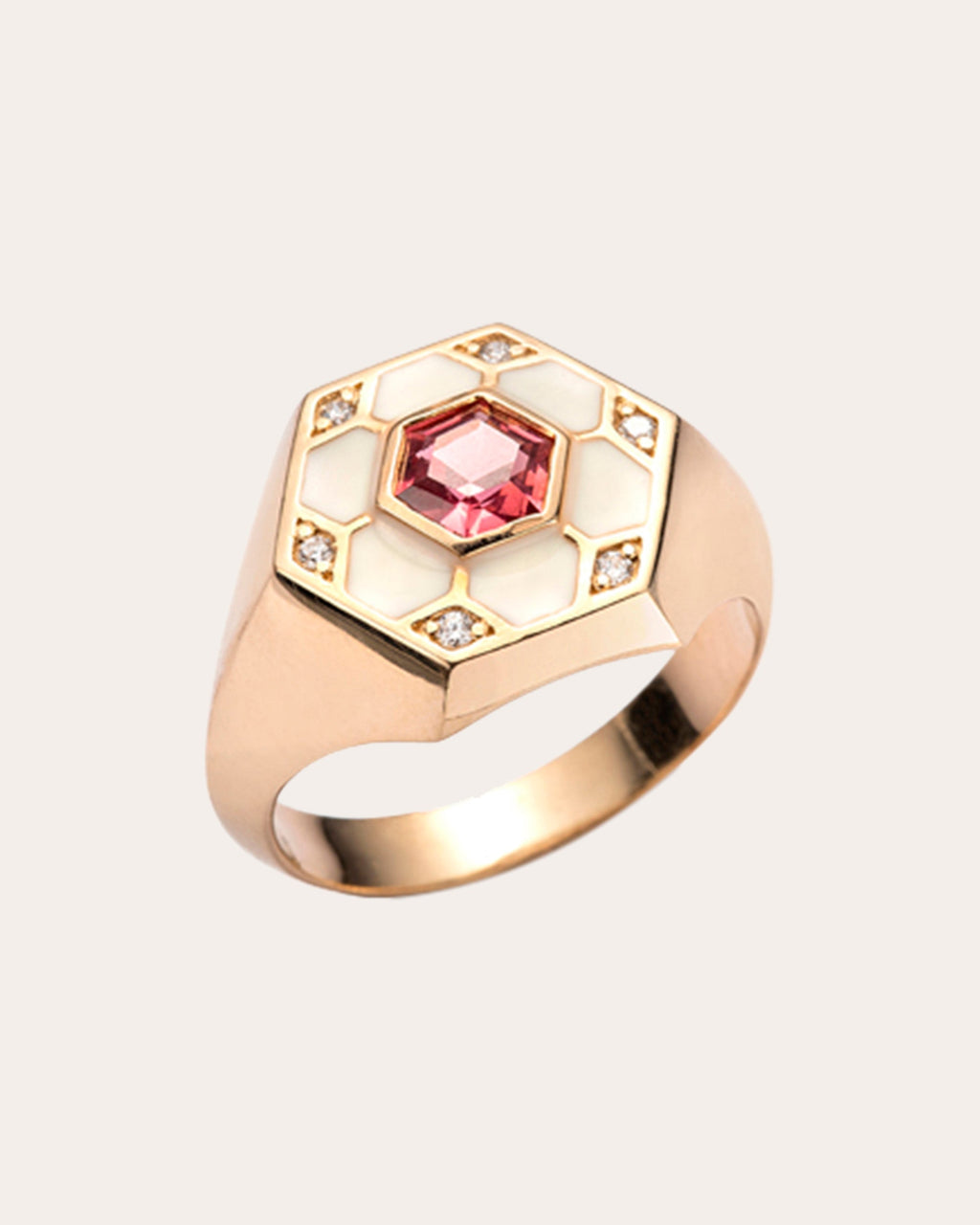 Pod 14K Gold Enamel Garnet and Diamond Signet Ring