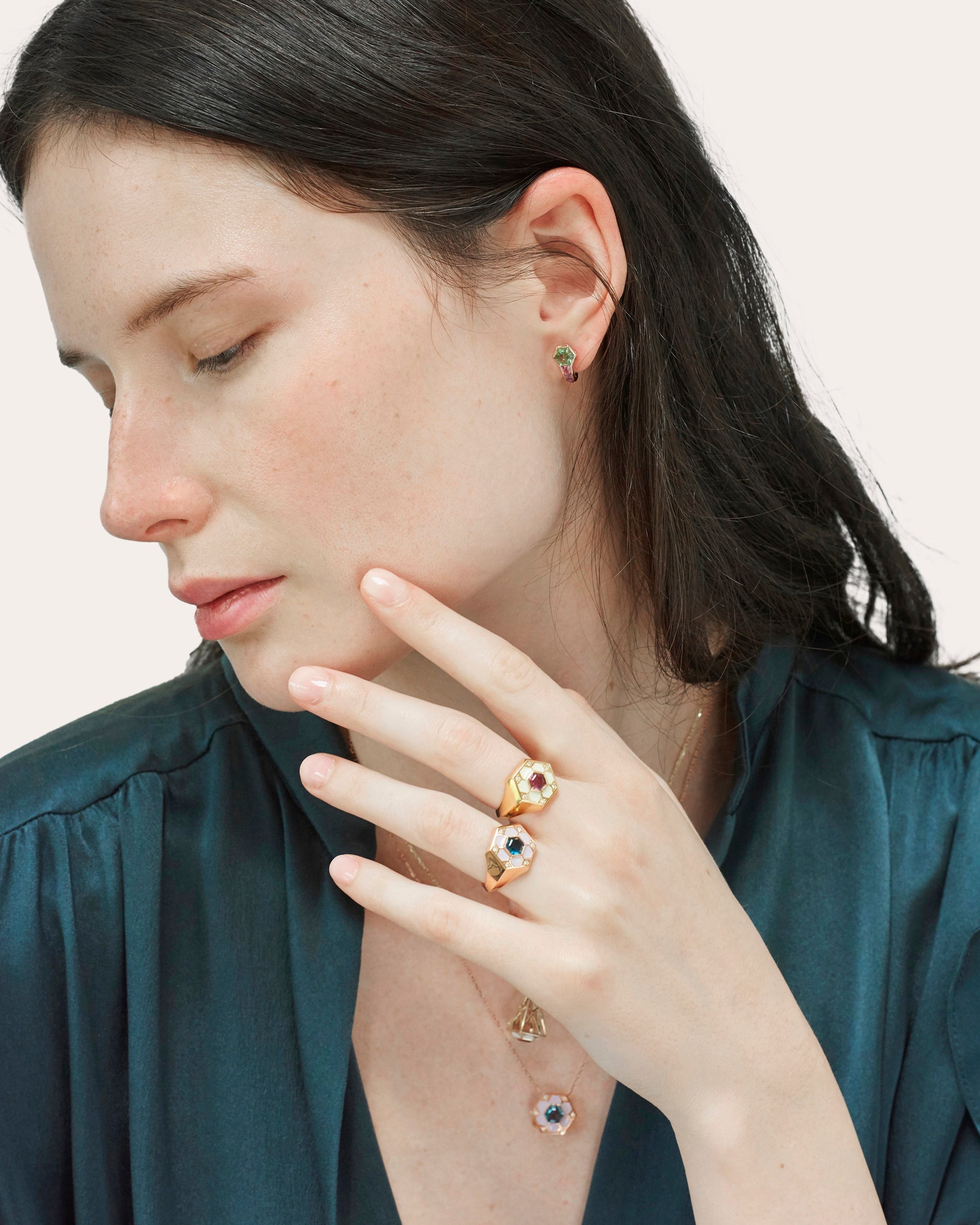 Pod 14K Gold Enamel Garnet and Diamond Signet Ring