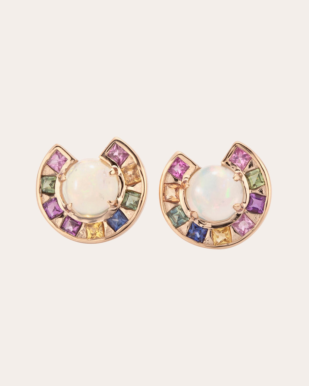 Moon 14K Gold Opal and Rainbow Sapphire Earrings