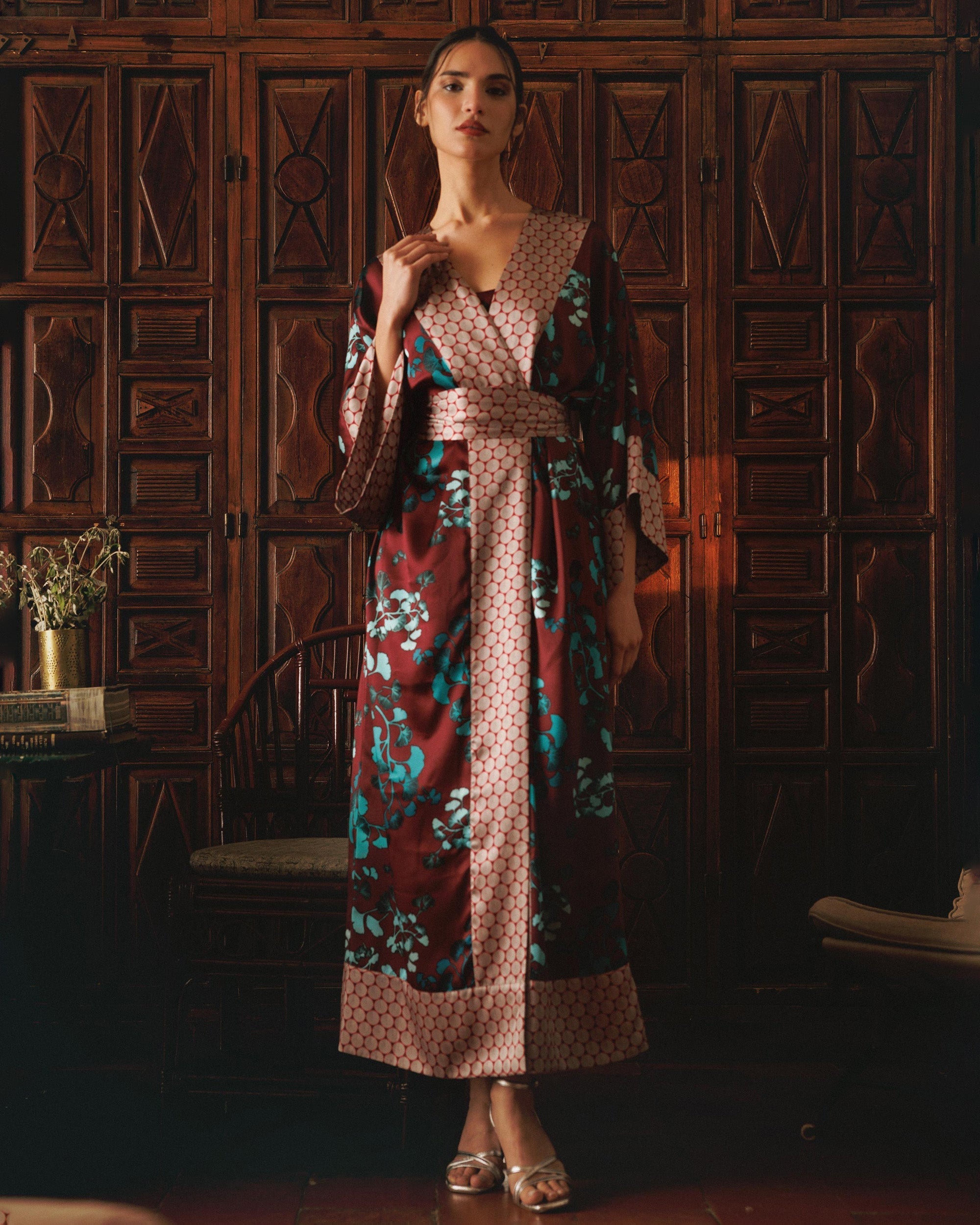 Kobe Kazari Printed Silk Satin Kimono