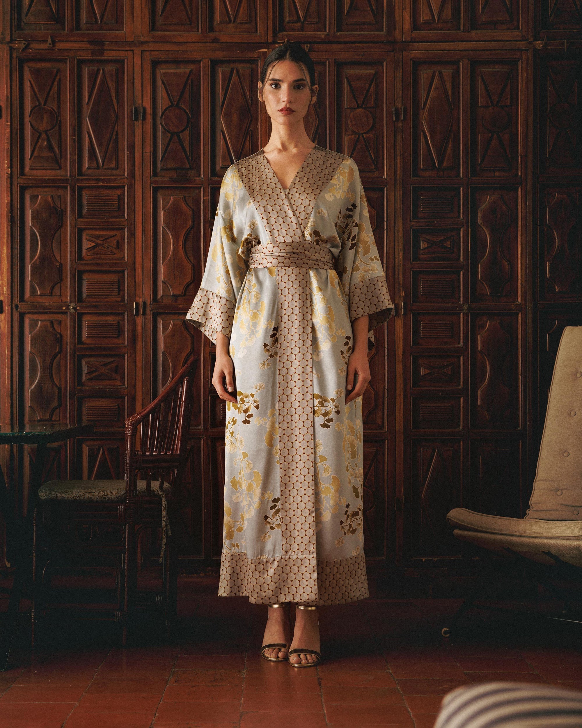 Kobe Kazari Printed Silk Satin Kimono