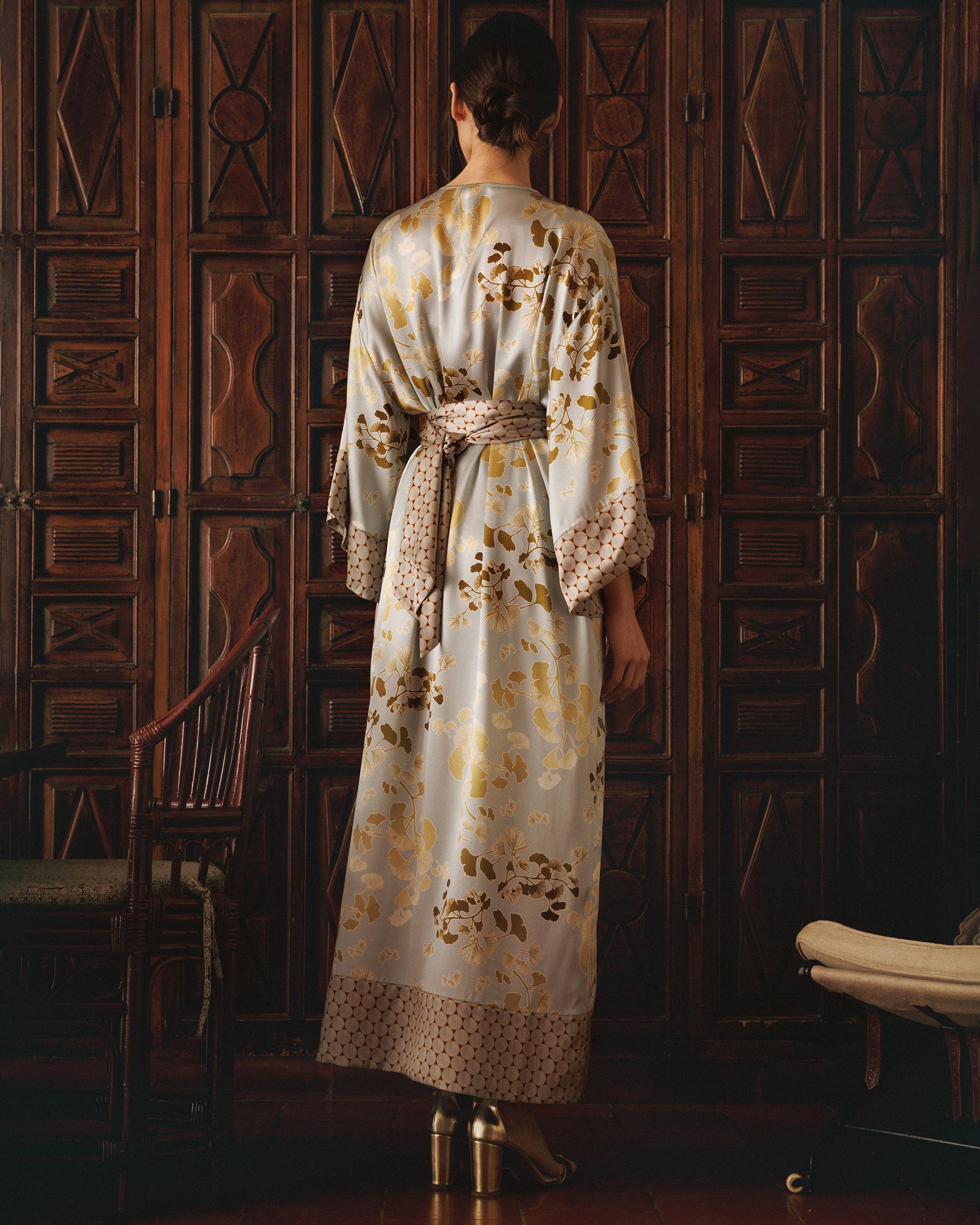 Kobe Kazari Printed Silk Satin Kimono