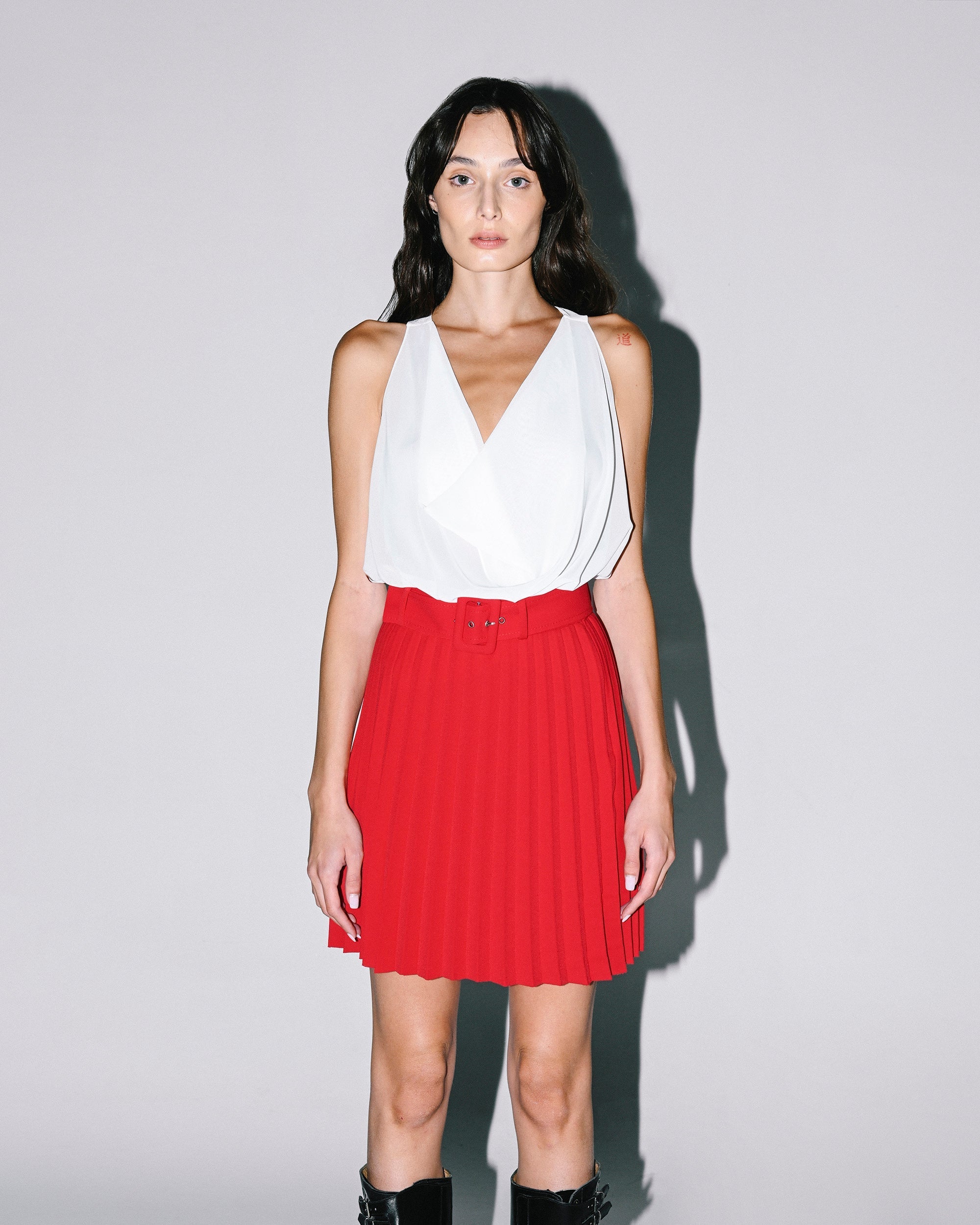 Belted Pleated Crepe Mini Skirt