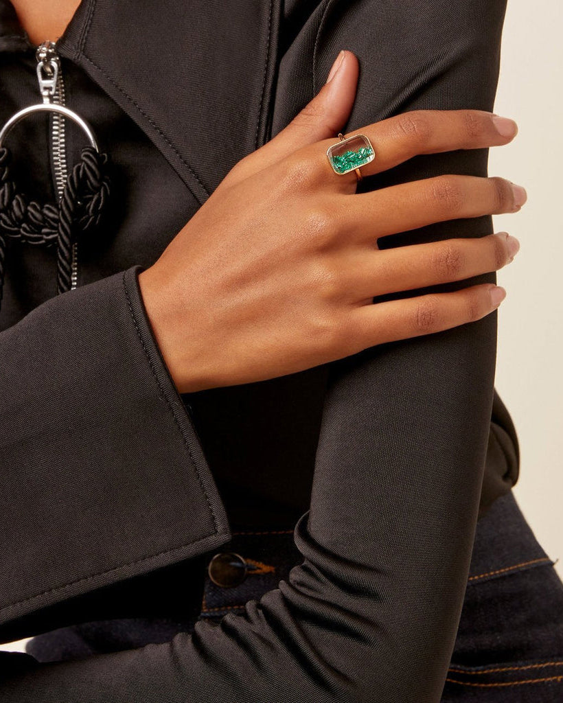 Ten Fourteen 18K Gold Crystal and Emerald Shaker Ring