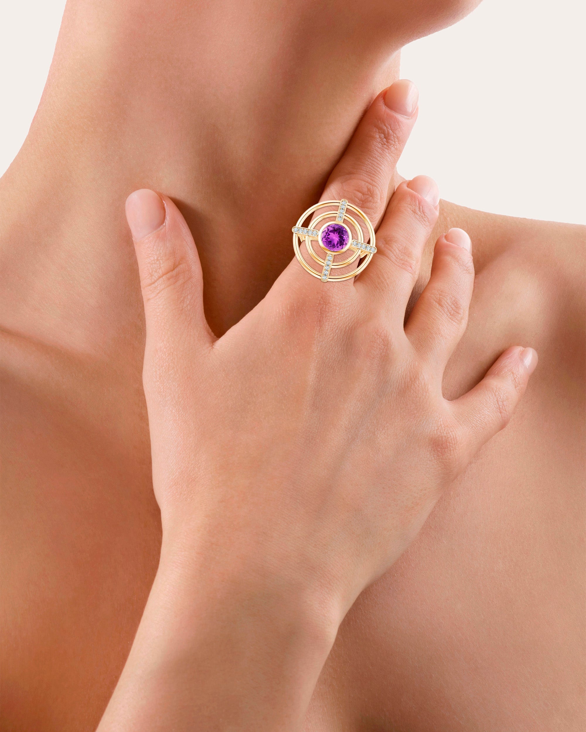 Bar 14K Gold Amethyst and Diamond Ring
