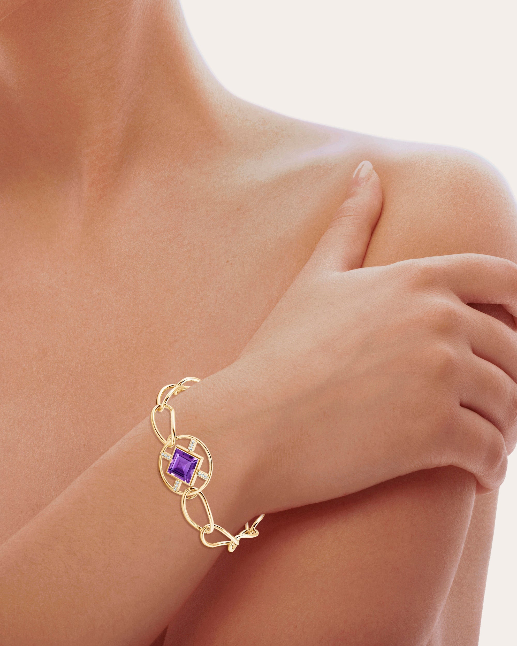 Bar 14K Gold Amethyst and Diamond Bracelet