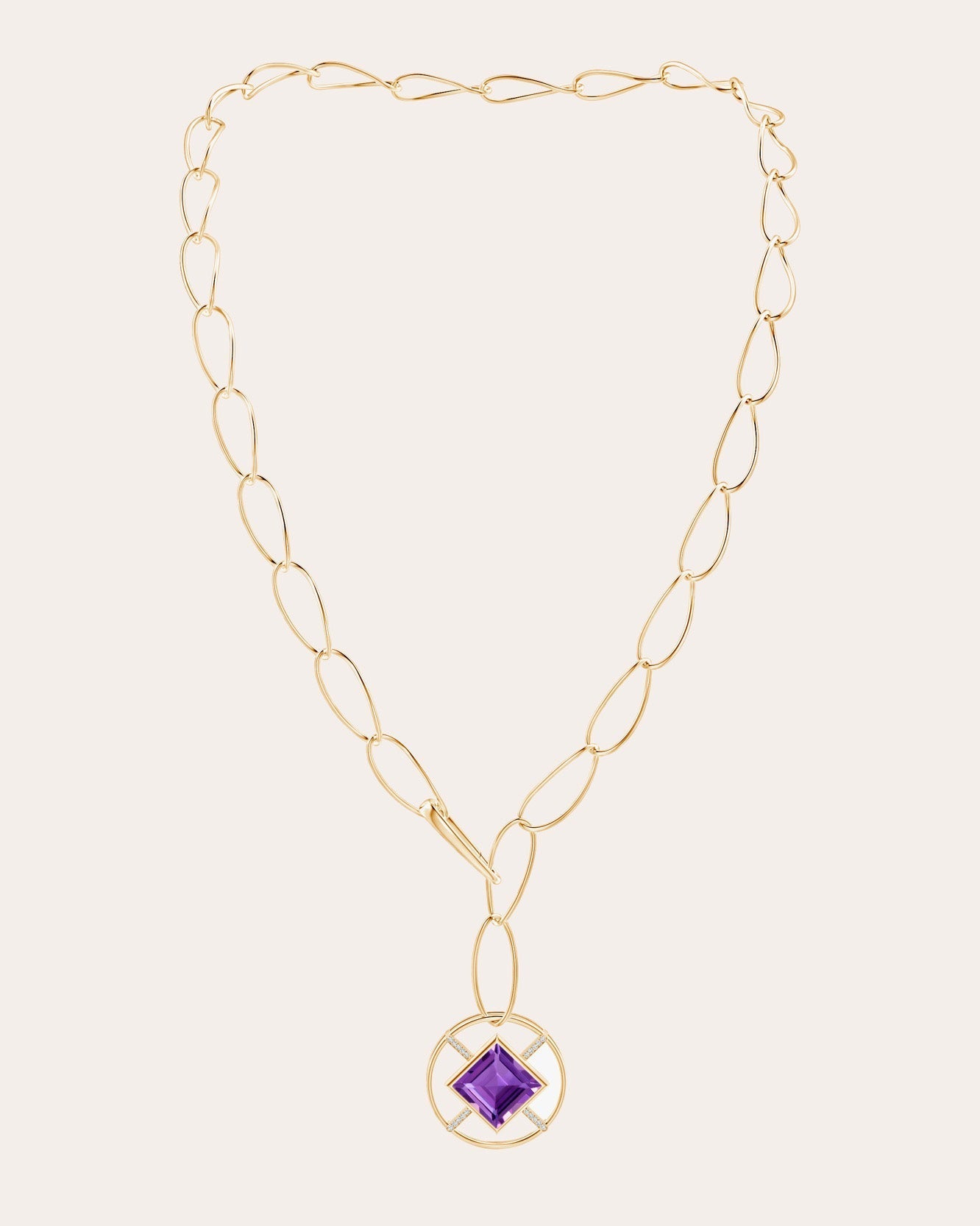 Bar 14K Gold Amethyst and Diamond Lariat Necklace