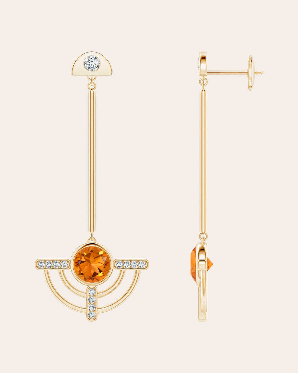 Bar 14K Gold Citrine and Diamond Earrings