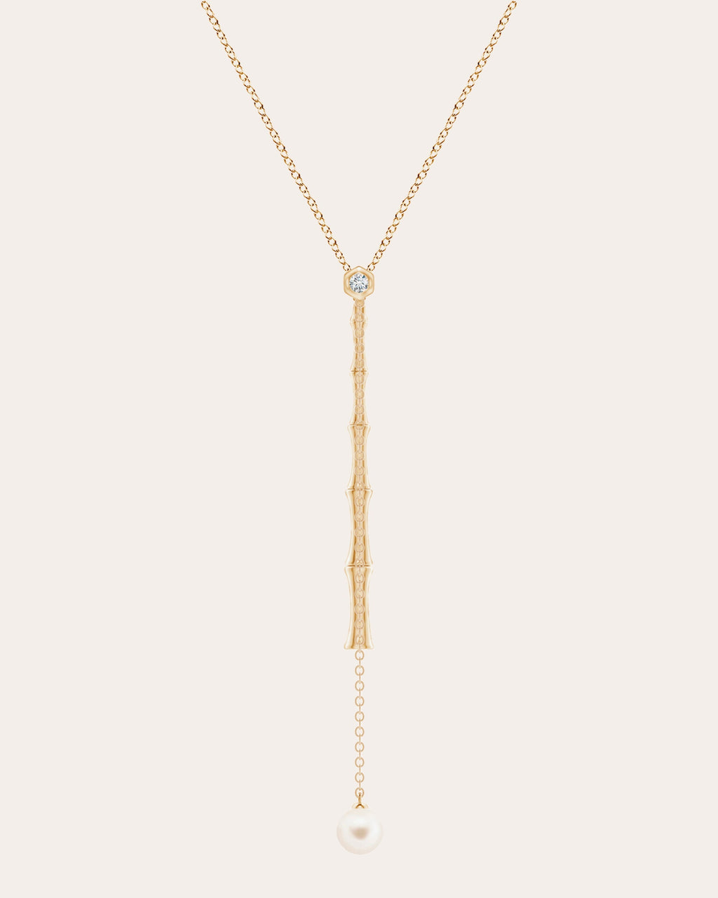 Bamboo 14K Gold Pearl and Diamond Lariat Necklace