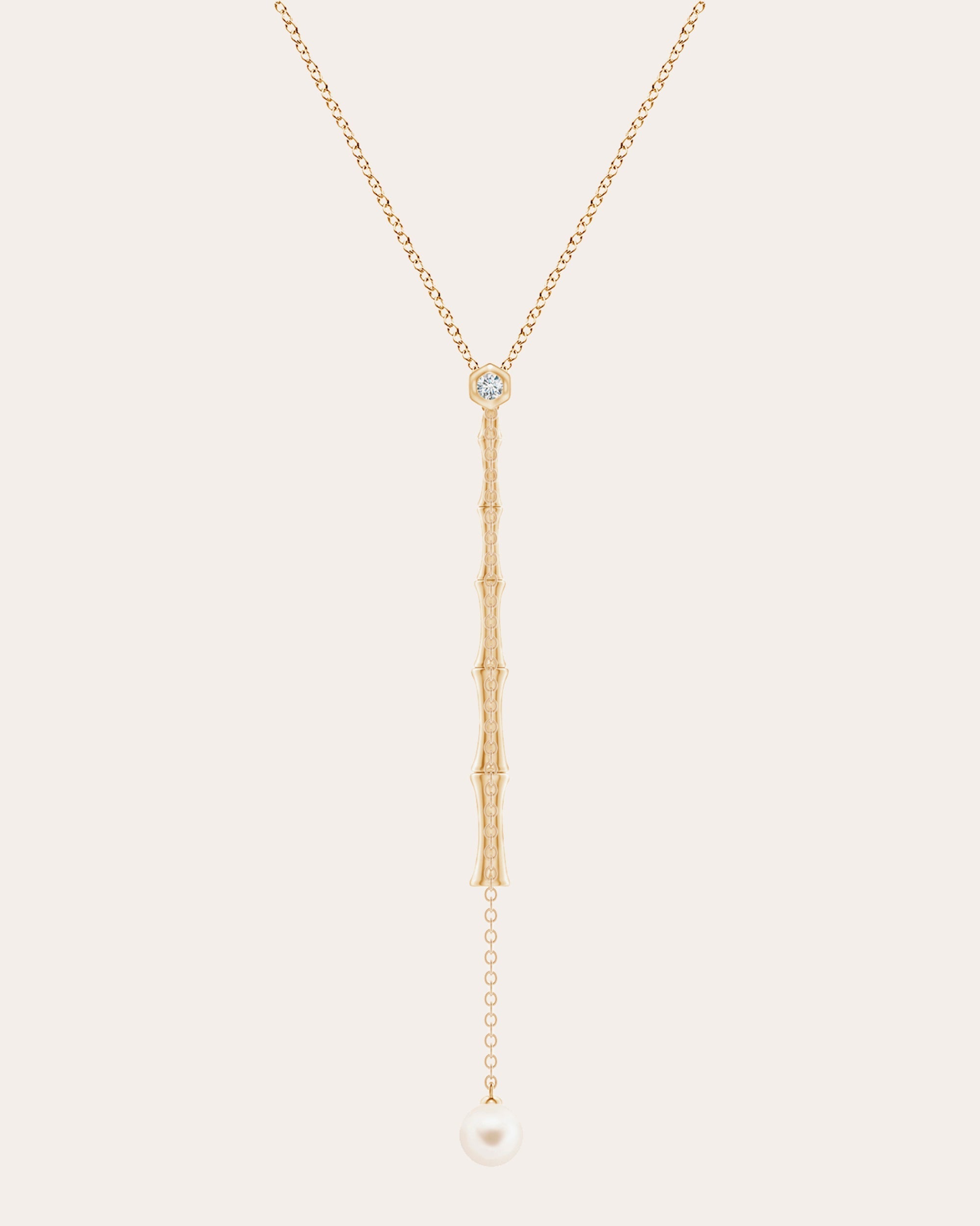 Bamboo 14K Gold Pearl and Diamond Lariat Necklace